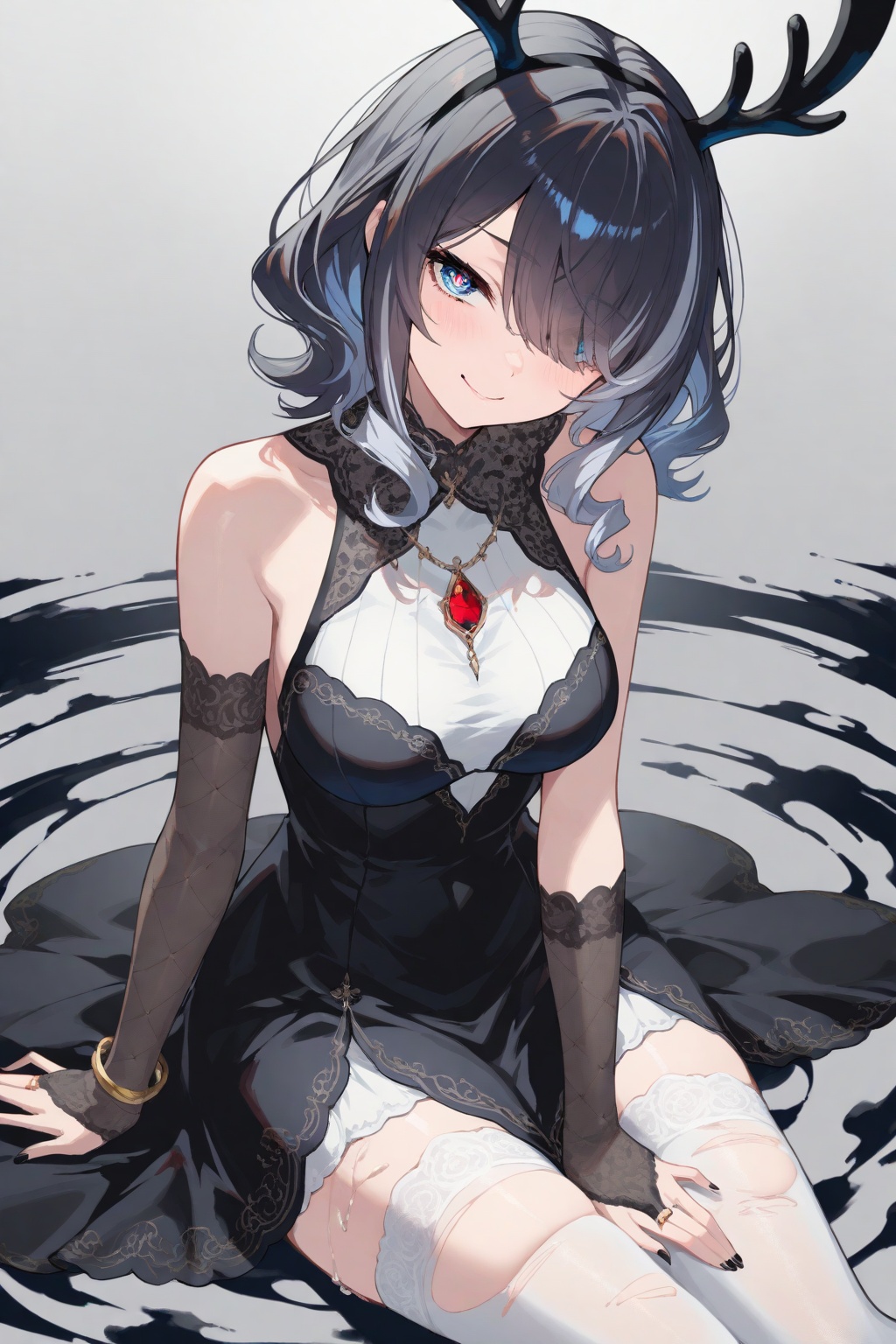 crisp,gwwj,Mika Pikazo,ezu,melting,Tender,masterpiece,best quality,very aesthetic,1girl,extremely delicate and beautiful,Noise and grain,huge filesize,amazing quality,black_nails,blue and black theme,gray background,dark circle around the eyes,blush,streaked hair,torn_thighhighs,dynamic_angle,black hair,curly hair,formal_dress,deer ears,swept bangs,hair_over_one_eye,mesugaki,head_tilt,looking_at_viewer,mature_female,glamor,sitting,portrait,gothic,original,((Monet style)),elegant,dissolving_clothes,antlers,evil smile,closed mouth,leaning_forward,foral_background,arm_support,medium hair,bare shoulders,elbow_gloves,lace-trimmed_gloves,blue eyes,white_bodystocking,pupils,white_pantyhose,bracelet,chest_jewel,monochrome,front view,medium breasts,