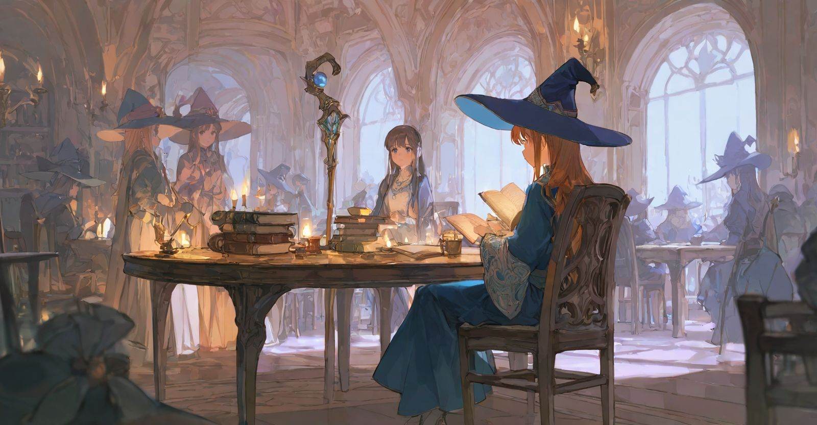 highres,extremely detailed 8k wallpaper,illustration,depth of field,great quality,masterpiece,best quality,amazing quality,very aesthetic,absurdres,Japanese fantasy style,artist:ciloranko BREAK<lora:Japanese fantasy style:0.8>, -Japanese fantasy style, hat, witch hat, indoors, multiple girls, sitting, book, table, chair, witch, window, candle, holding, dress, long hair, staff, robe