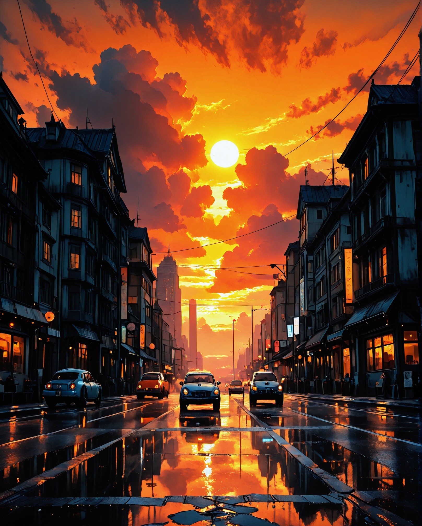 A stunning photograph of a cityscape at sunset,  with the sun setting behind the buildings and reflecting off the wet pave...