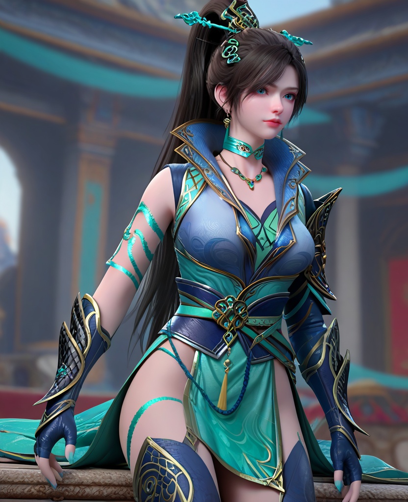 (oriental architecture, elegant decor, sophisticated style:1.1),(adjusting her collar:1.1),looking at viewer,(breasts:1.2),<lora:XL16斗破苍穹青鳞:0.95>,miss qinglin,blue gray jacket,cyan camisole,blue eyes,black hair,super long ponytail,hair ornament,earrings,jewelry,choker,spiral sigil,fingerless gloves,sash,blue gray cutout legging,black boots,cyan fart curtain,cyan pelvic curtain,, score_9,score_8_up,score_7_up,score_6_up,score_5_up,score_4_up,3d rendering,tag1,tag2, Cinematic Lighting,backlighting,, zPDXL3, zPDXL2,zPDXL, zPDXLxxx, zPDXLrl,