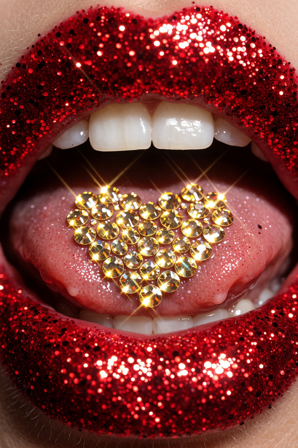 A close-up of lips coated in shimmering red glitter,  parted to reveal white teeth. The tongue displays a heart-shaped arr...