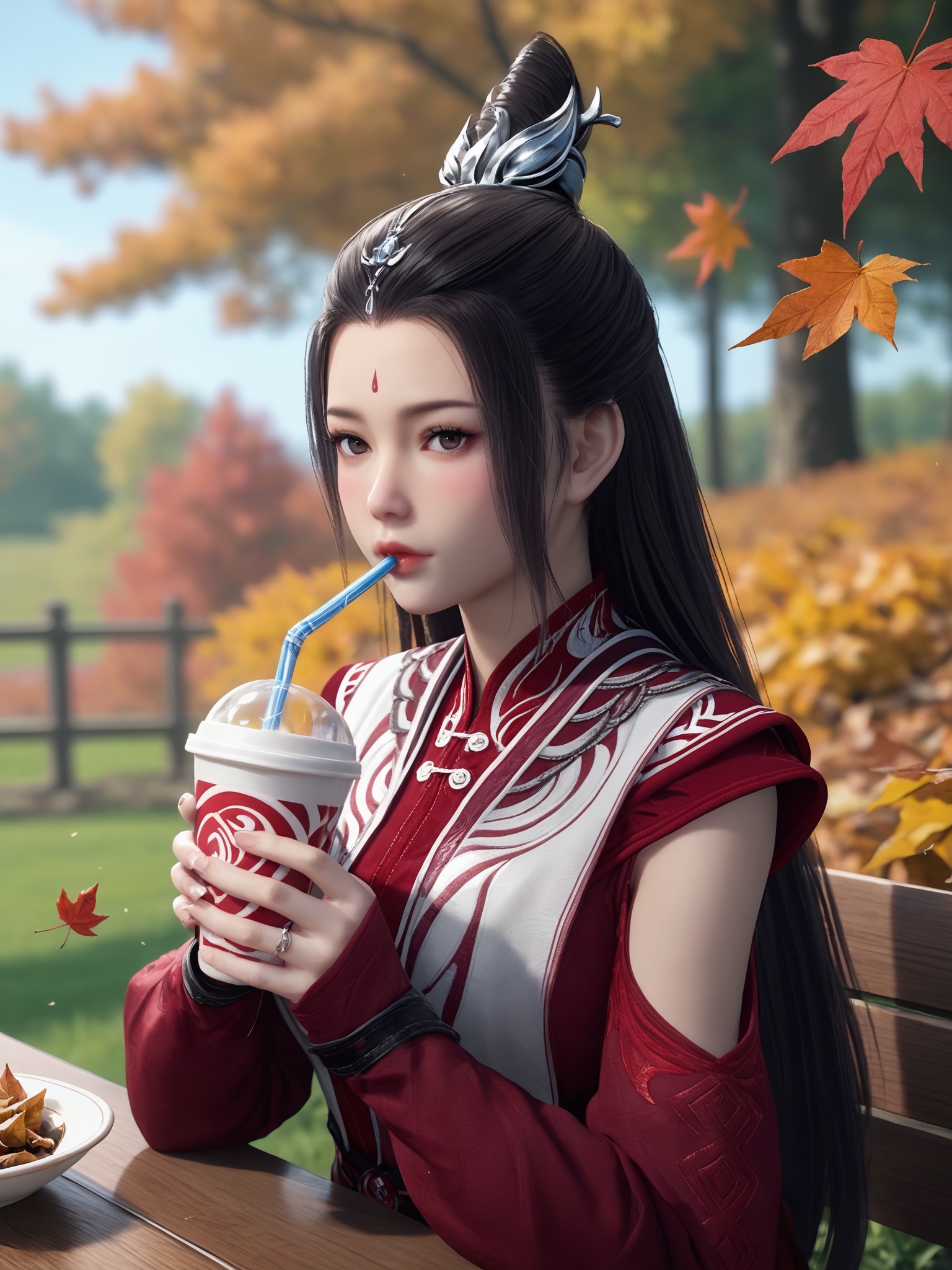 score_9,score_8_up,score_7_up,1girl, solo, holding_cup, cup, holding, disposable_cup, looking_at_viewer, blurry, drinking_straw, blurry_foreground, depth_of_field, autumn_leaves, autumn, blush<lora:师兄啊师兄-有琴师姐Pony:0.7>,long,dark hair is styled in a traditional updo with a single red hairpin adorned with a small red jewel,wears a traditional Chinese costume,predominantly in red and white,with intricate white patterns and gold accents.,