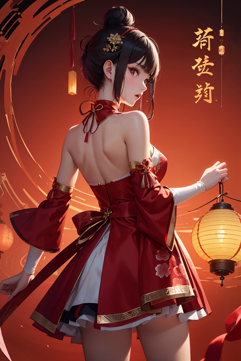neo-chinese style,national tide,1girl,dress,red dress,solo,red background,hair bun,lantern,new year,new year costume,red theme,detached sleeves,black hair,paper lantern,single hair bun,from behind,arm warmers,short hair,new year 2021,<lora:sdxl_National fashion:0.8>,masterpiece,best quality,