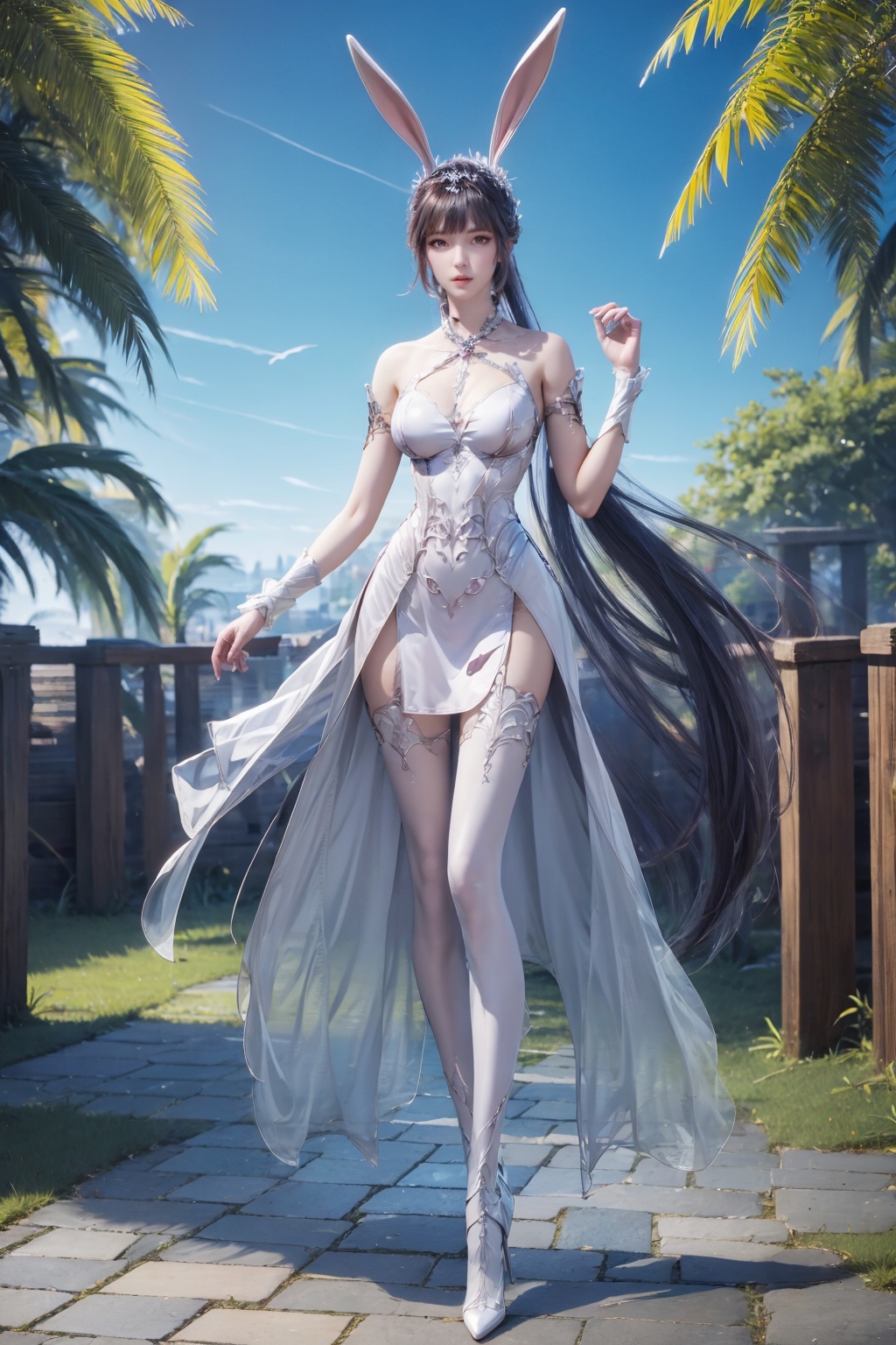 <lora:AgainXiaowu:0.8>, AgainXiaowu, 1girl, solo, animal ears, rabbit ears, long hair, full body, ponytail, tree, hair ornament, high heels, thighhighs, metal collar, sky, palm tree, blue sky, very long hair, dress, bare shoulders, medium breasts, white footwear, standing, white dress, grass, crossed legs, night, see-through
