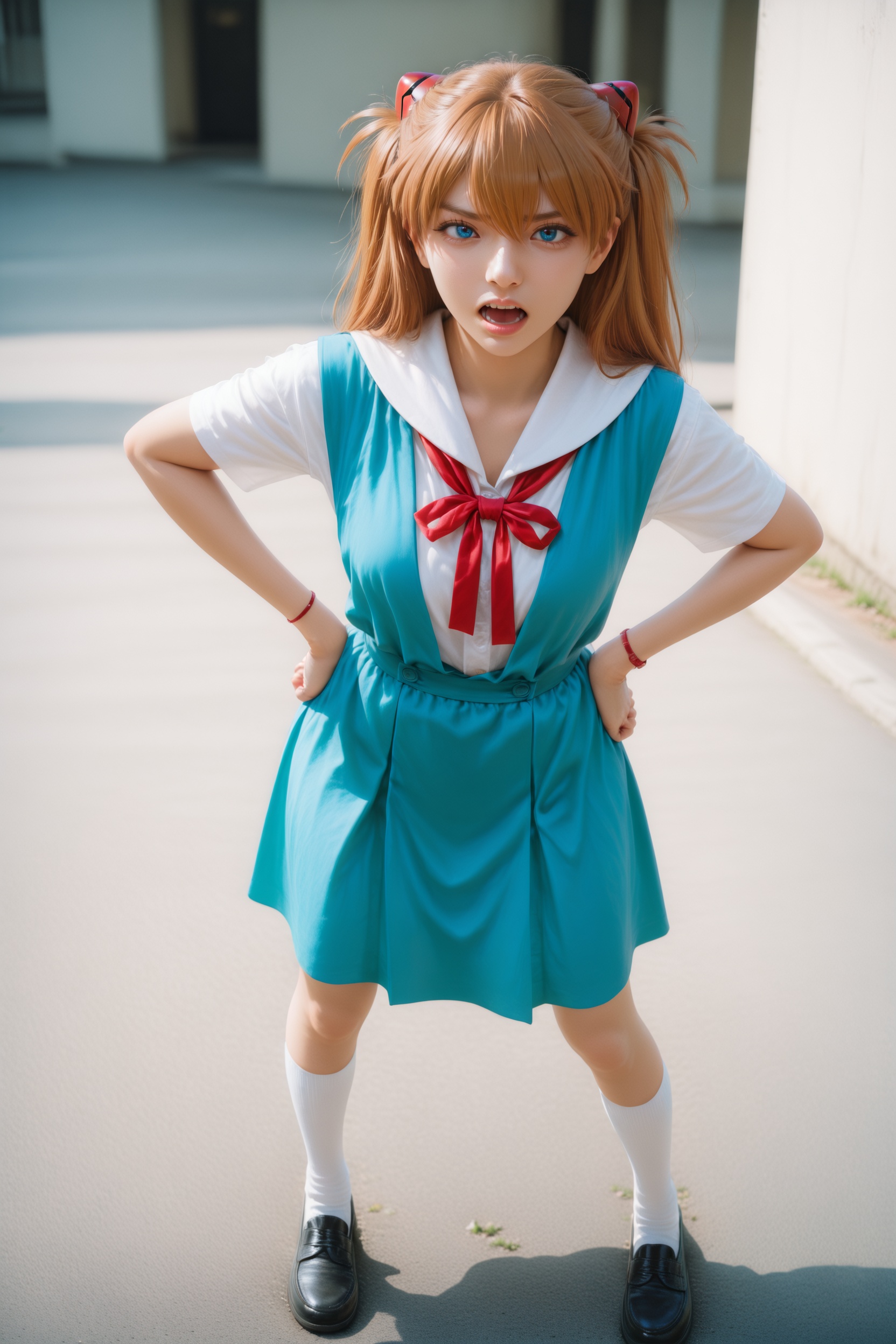 (realistic),(photorealistic:0.9),detailed,photo-referenced,detailed background,.,.,general,.,.,1girl,full body,angry,jewelry,outdoors,hands on own hips,souryuu asuka langley,tokyo-3 middle school uniform,open mouth,, very aesthetic, masterpiece, highres, absurdres,, RAW candid cinema, 16mm, color graded portra 400 film, remarkable color, ultra realistic, textured skin, remarkable detailed pupils, realistic dull skin noise, visible skin detail, skin fuzz, dry skin,, (Stable_Yogis_Illustrious_Positives:1.0),