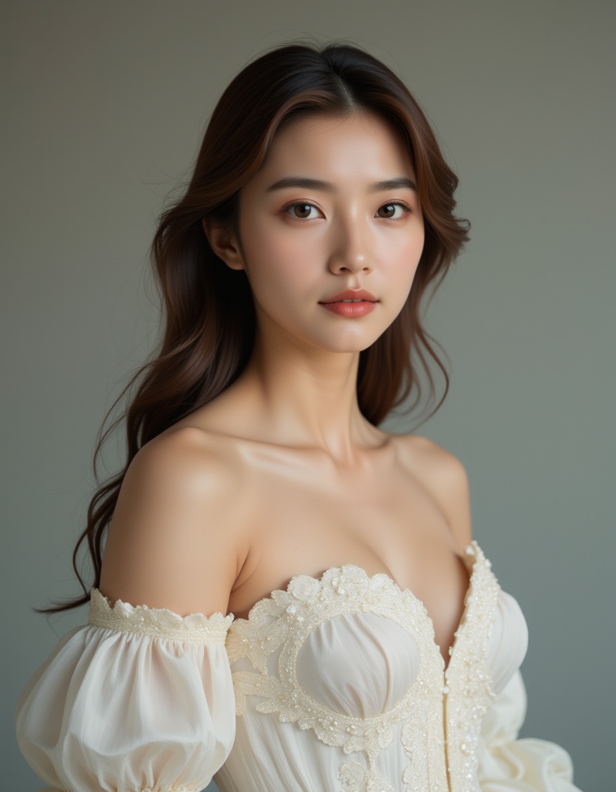 A best quality,  masterpiece,  raw photo of a girl dressed in an ornate white off-shoulder Rococo gown on Tensor.Art