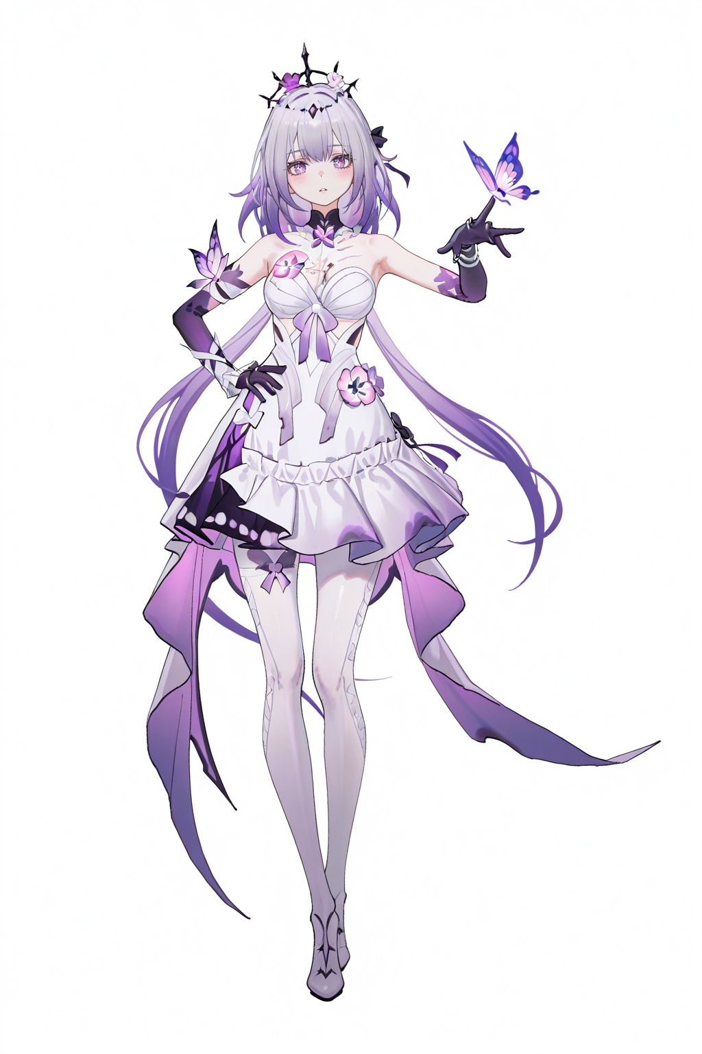 8k,best quality,masterpiece,(ultra-detailed),(high detailed skin),safe_pos,masterpiece,absurdres,newest,iumu,shinanoya \(satanicad\),jima,(whitebc:0.75),reoen,(healthyman:0.5),yoshinari you,(sparkling eyes:1.2),by Wlop and Ilya Kuvshinov style,cel-shading with soft gradients,cinematic composition,depth of field,(lens flare:0.7),(light bloom:1.1),(subtle film grain:0.5),pastel color palette,(fkey:0.6),(fuzichoco:0.6),impasto,full body,full shot,standing,looking at viewer,(solo:1.2),simple background,(white background:1.2),hand on own hip,(white background:1.1),<lora:Castorice-IL-Tanger-000014:0.8>,Castorice \(honkai: star rail\),clothes: Castorice  def  white dress,black tiara,1girl,purple eyes,purple hair,bangs,black gloves,white pantyhose,A full-body portrait of a young girl,standing gracefully,pastel art style,high-key lighting,shoujo manga influence,hd quality,delicate details,