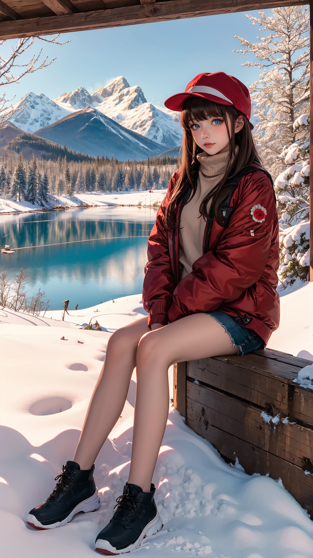 masterpiece,best quality,1girl,solo,winter,snow field,blue eyes,blunt bangs,brown hair,fruit,full body,hat,looking at viewer,red flower,red rose,rose,sitting,solo,sky,sun,mountain,forest,lake,