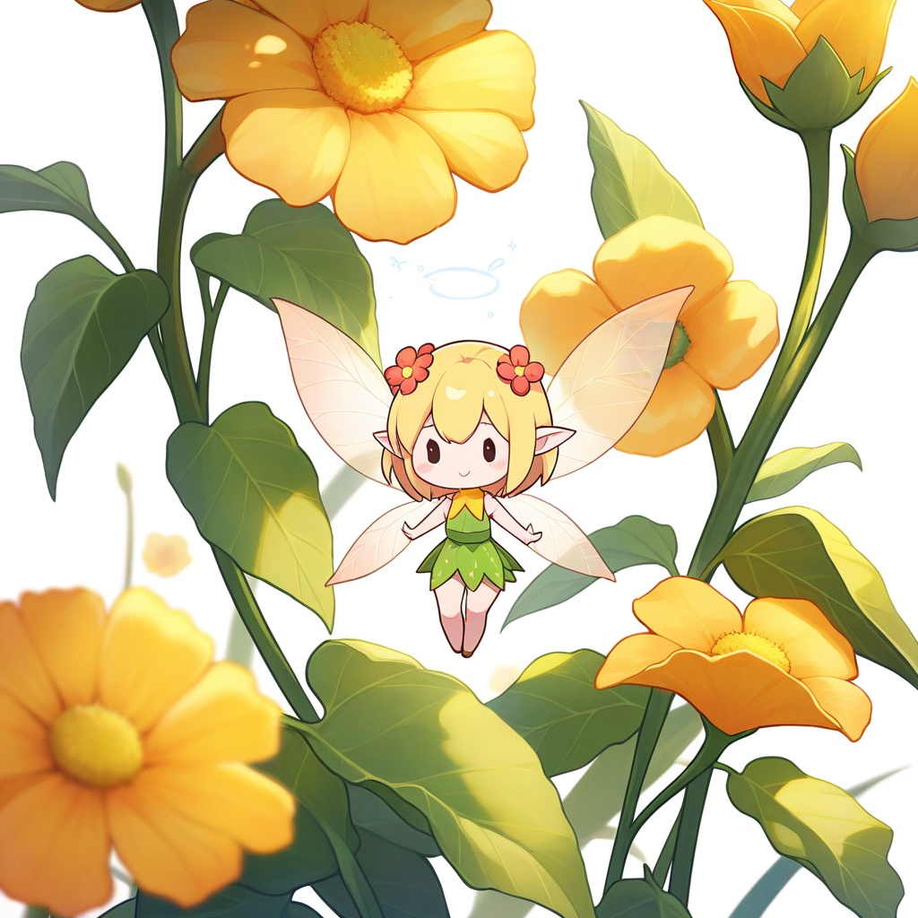 chibi,1girl,masterpiece,high quality,best quality,beautiful,white background,flowers,fairy,