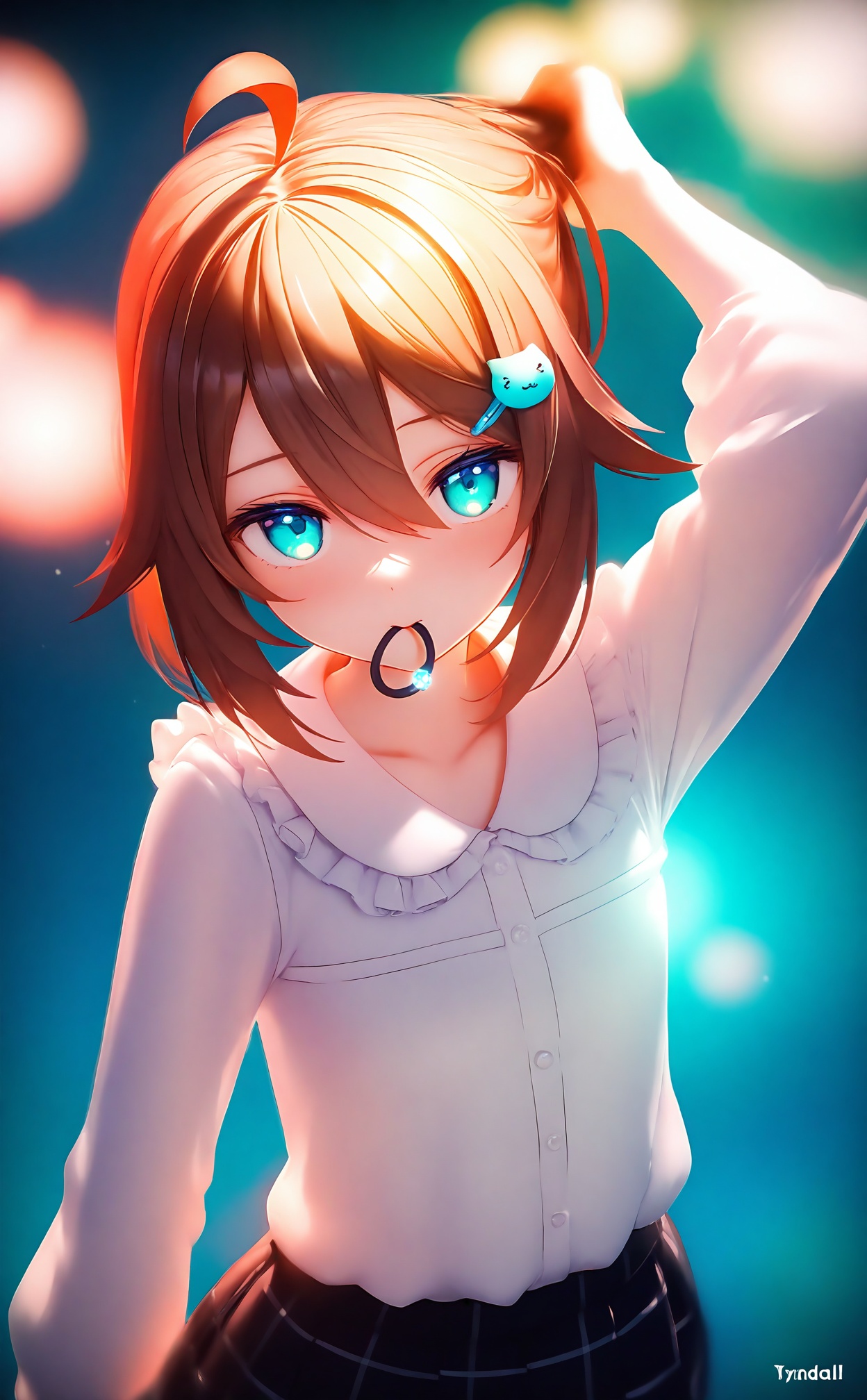 masterpiece,absurdres,best quality,loli,petite,high quality,chromatic_aberration,//,1girl,solo,hair tie in mouth,skirt,cat hair ornament,shirt,hair ornament,mouth hold,white shirt,hair tie,hairclip,looking at viewer,ahoge,virtual youtuber,signature,long sleeves,black skirt,tying hair,simple background,plaid,plaid skirt,adjusting hair,blue background,hair between eyes,collarbone,brown hair,aqua eyes,medium hair,frills,pleated skirt,shirt tucked in,collared shirt,short hair,blouse,blue eyes,aqua background,dated,frilled shirt,cowboy shot,arm up,//,Depth of field,(colorful),hdr,Tyndall effect,depth of field,Tyndall Effect,blurry,blurry_background,depth_of_field,bokeh,glowing,//,Depth of field,(colorful),hdr,Tyndall effect,depth of field,Tyndall Effect,blurry,blurry_background,depth_of_field,bokeh,glowing,//,<lora:MMDguangwuran5——【noob】hans:1.1>,