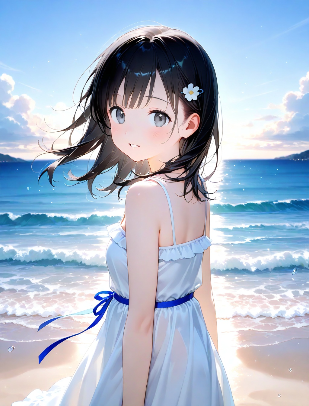 1girl, solo, dress, outdoors, black hair, looking at viewer, hair ornament, white dress, ocean, sky, flower, blush, blue sky, day, hair flower, water, waves, parted lips, water drop, bare shoulders, upper body, floating hair, smile, beach, ribbon, from side, medium hair, blue eyes, frilled dress, wind, white flower, hairclip, sundress, grey eyes, looking back, frills, blue ribbon, looking to the side, sleeveless dress, long hair, horizon, cloud
