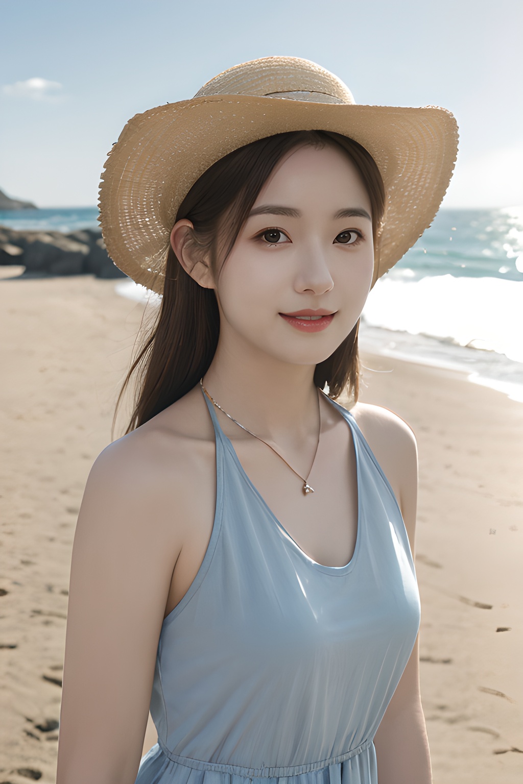 <lora:0805_04:0.7>, <lora:SDXLrender_v2.0:0.8>,mugglelight, araffe girl with long hair wearing a straw hat and blue dress, 1girl, solo, hat, straw hat, long hair, looking at viewer, necklace, jewelry, heart necklace, smile, heart, brown hair, bangs, day, beach, outdoors, upper body, black hair, sunlight, closed mouth, swimsuit, selfie, sky, ocean,, 1girl,realistic,masterpiece, best quality, photorealistic, HDR,detail