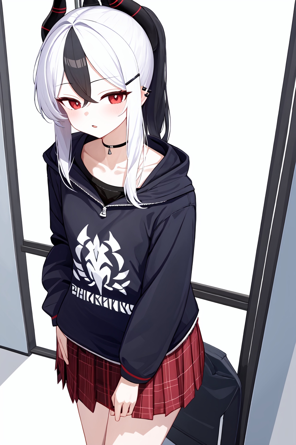 <lora:nai3画风bysdlion:0.7:lbw=all> <lora:佳代子:1:lbw=char> 1girl, kayoko \(blue archive\), long sleeves, black choker, black hoodie, earclip, collarbone, red skirt, pleated skirt, plaid skirt, hood down, miniskirt, wide sleeves, (masterpiece,best quality,high quality:1.2),absurdres,