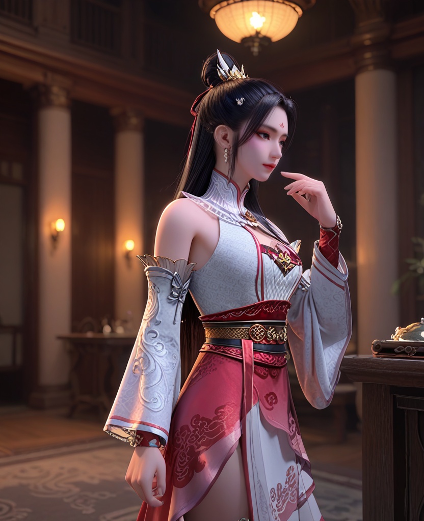 (oriental architecture, elegant decor, sophisticated style:1.1),(Team-Up Pose, Standing back to back with another superhero, ready to face a common enemy,:1.1),(breasts:1.2),<lora:XL暗河传白鹤淮:0.9>,miss baihehuai,white dress,forehead mark,hair ornament,black hair,jewelry,detached sleeves,mesh print,black eyes,see-through detached collar,sash,pink overskirt,silver thighhighs,, score_9,score_8_up,score_7_up,score_6_up,score_5_up,score_4_up,3d rendering,tag1,tag2, Cinematic Lighting,backlighting,