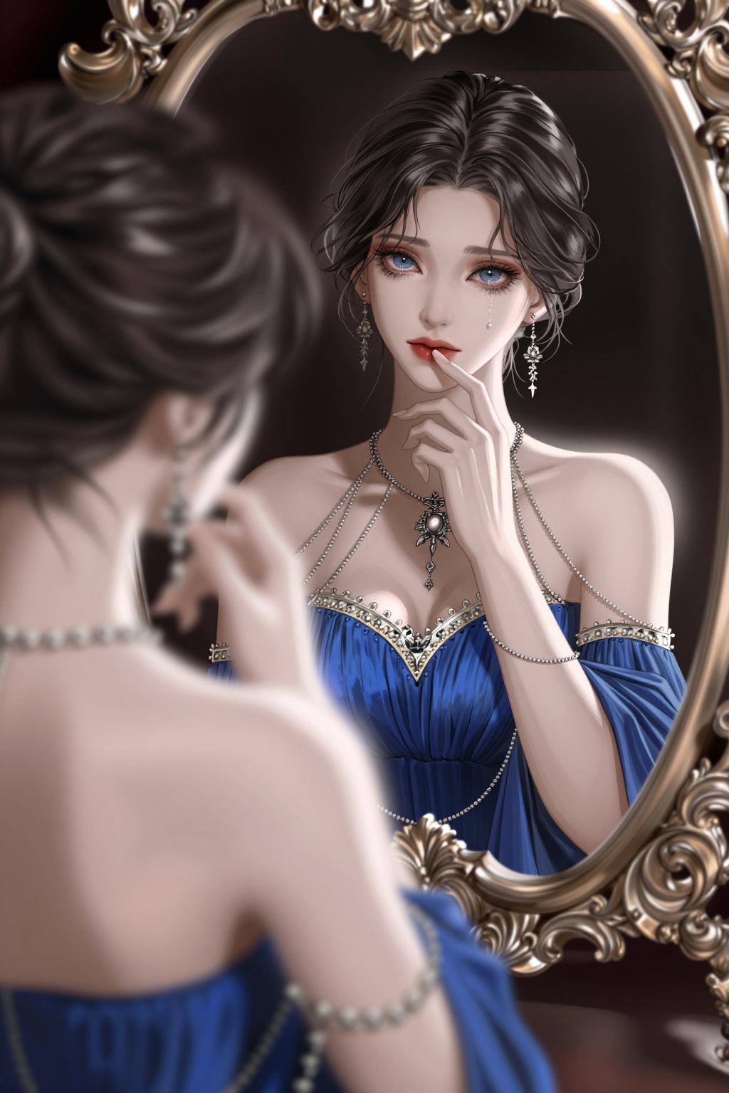 A blue-eyed woman with pale skin,  red lips,  and dark hair styled in an elegant on Tensor.Art