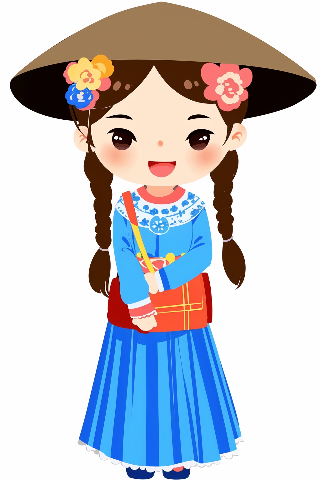 :d,blush stickers,brown eyes,brown headwear,dress,flower,full body,hair ornament,hat,head scarf,jewelry,kp,puffy sleeves,robe,shoulder bag,simple background,smile,solo,straw hat,traditional clothes,transparent background,twin braids,white background,<lora:kp_Q萌民族风V1:0.8>,kp,chibi,, masterpiece, best quality, unity 8k wallpaper,8k, ultra high res