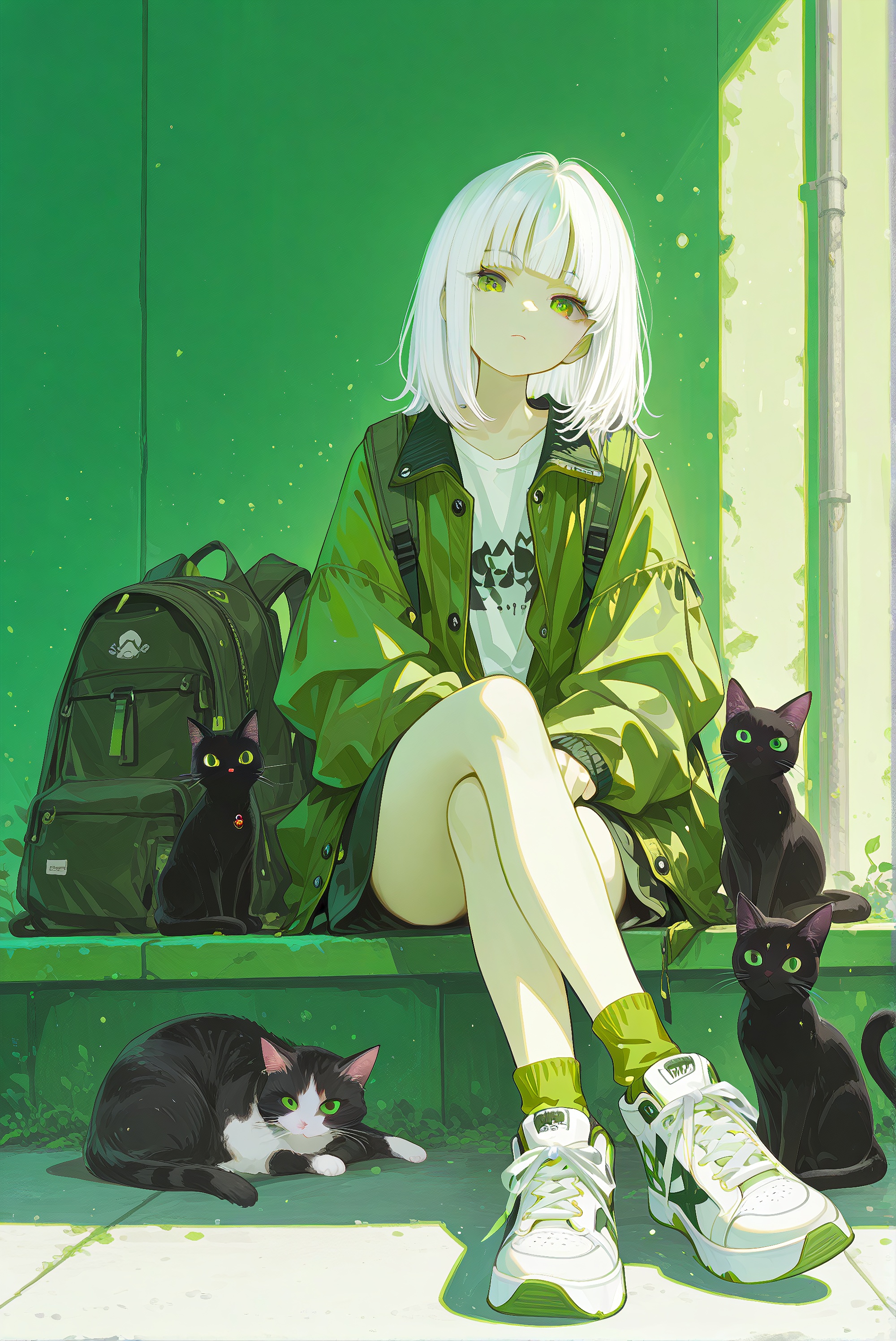 1girl, cat, green eyes, black cat, shoes, white hair, backpack, socks, looking at viewer, jacket, solo, sitting, sneakers, bag, bangs, green jacket, medium hair, animal, green theme, crossed legs, green socks, shirt