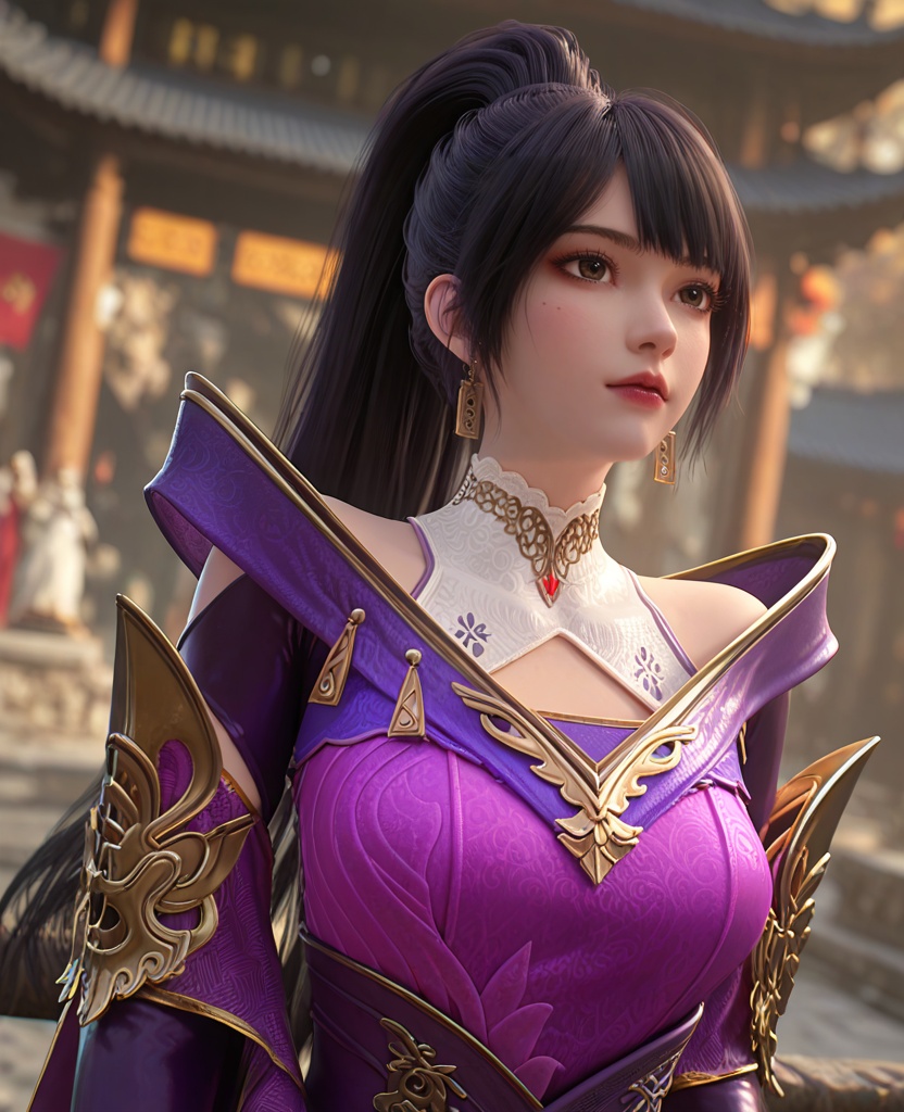 (oriental architecture, elegant decor, sophisticated style:1.1),(resting on a diagonal:1.1),(breasts:1.2),<lora:XL百炼成神莫雨馨:0.95>,miss moyuxin,black hair,jewelry,mole,ponytail,earrings,armor,long hair,purple armor,bangs,large breasts,, zPDXL2, score_9, score_8_up, score_7_up BREAK realistic, masterpiece,best quality, highly detailed,, zPDXL3, zPDXL2,zPDXL, zPDXLxxx, zPDXLrl,