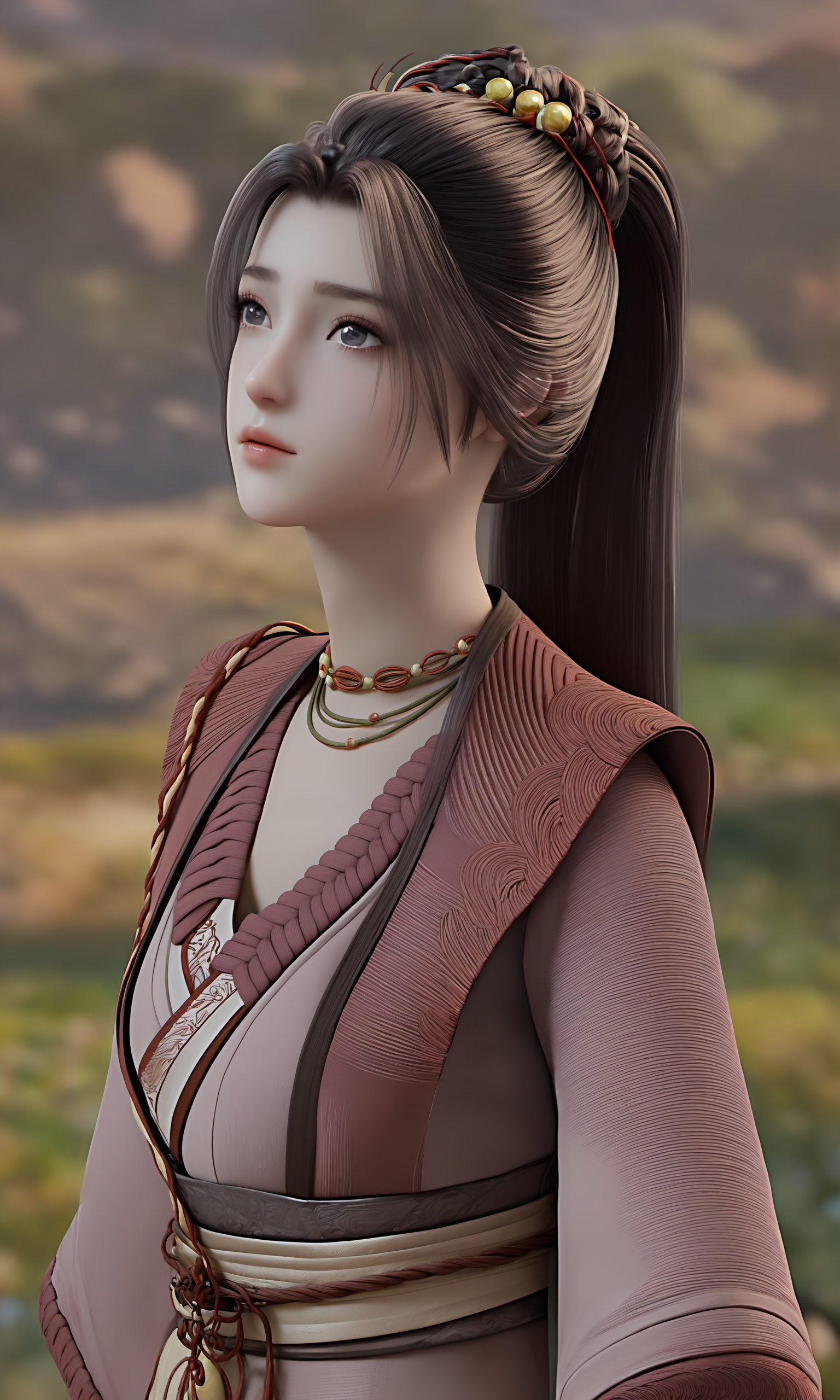 Hailey,front-side view of Hailey-type girl with brown high ponytail long hair and parted bangs wearing golden ZXH-type Hanfu,highly detailed,ultra-high resolutions,32K UHD,masterpiece,best quality,<lora:ZHUXIAN-Hailey-000019:0.9>,