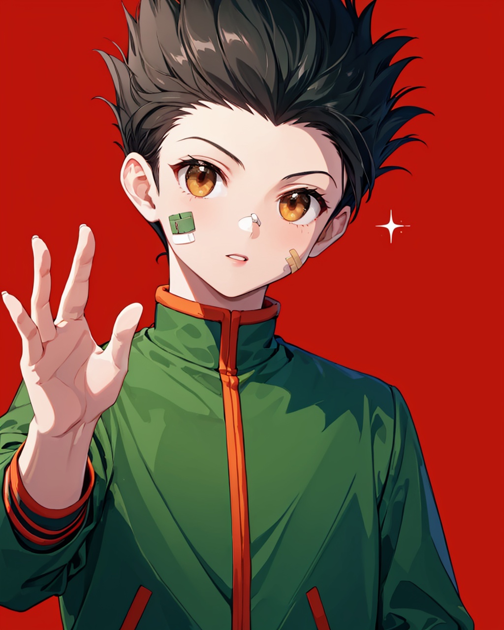 masterpiece,best quality, highly detailed, gon freecss,1boy, male focus, solo, bandaid on face, looking at viewer, green jacket, parted lips, reaching towards viewer, upper body, black background, outstretched hand, male child, red background,<lora:gon_freecss:1>