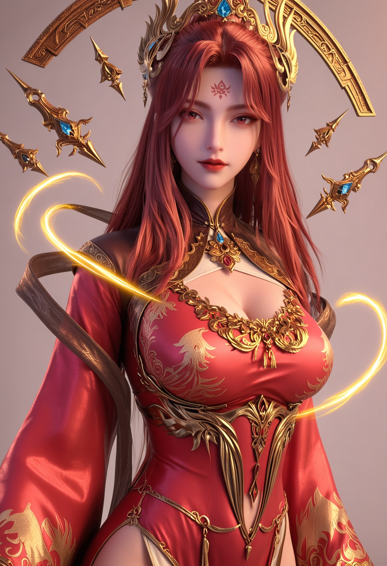 score_9,high detail,best quality,cinematic lighting,volumetric lighting,shiny skin,shiny,nsfw,1girl,solo,dress,red dress,long hair,breasts,jewelry,red hair,forehead mark,clothing cutout,cleavage cutout,earrings,red eyes,looking at viewer,large breasts,white background,red lips,long sleeves,hair ornament,realistic,chinese clothes,simple background,wide sleeves,lips,floating object,<lora:QQSponyfeiyuenvdiV1:0.8>,<lora:Pony_DetailV2.0:0.8>,<lora:皮肤凹痕:0.1>,