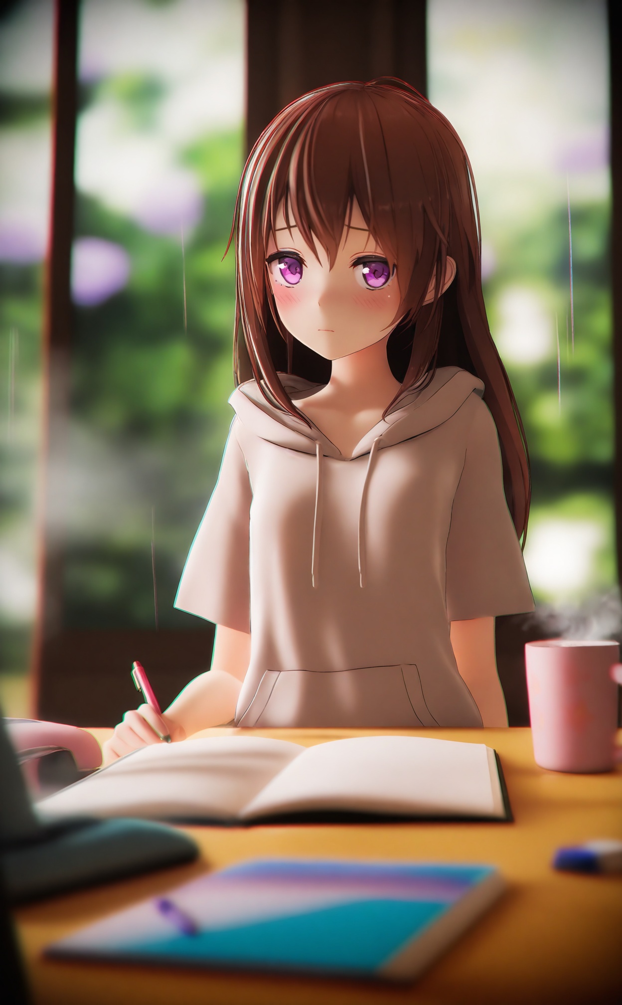 masterpiece,absurdres,best quality,loli,petite,high quality,chromatic_aberration,//,eraser, 1girl, brown_hair, long_hair, mug, hood, blush, hoodie, pencil, cup, purple_eyes, flower, blurry, solo, blurry_foreground, short_sleeves, indoors, steam, hood_down, plant, closed_mouth, table, coffee_mug, brown_hoodie, notebook, depth_of_field, rain, pen, looking_at_viewer, mechanical_pencil, upper_body, pencil_case, desk, white_hoodie, coffee//,3d,Depth of field,(colorful),hdr,Tyndall effect,depth of field,Tyndall Effect,blurry,blurry_background,depth_of_field,bokeh,glowing,//,<lora:MMDguangwuran5——【noob】hans:1>,
