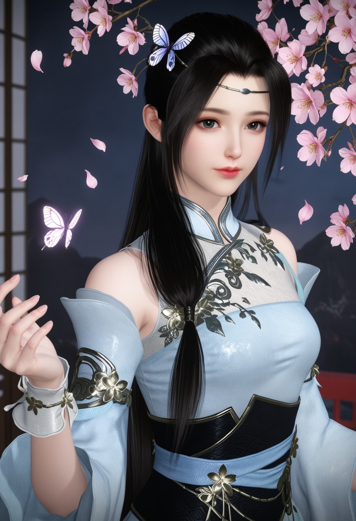 (upper_body:1.2),(looking at viewer:1.1),masterpiece,(best quality),smog,Dark room,dim lighting,peach blossom,falling petals,<lora:YQ_Illustrious光辉v5_叶雪青_V1:0.8>,q1528437228,1girl,solo,long hair,black hair,dress,hair ornament,white dress,chinese clothes,detached sleeves,sash,butterfly hair ornament,jewelry,brown hair,bracelet,circlet,black eyes,wide sleeves,long sleeves,obi,white footwear,