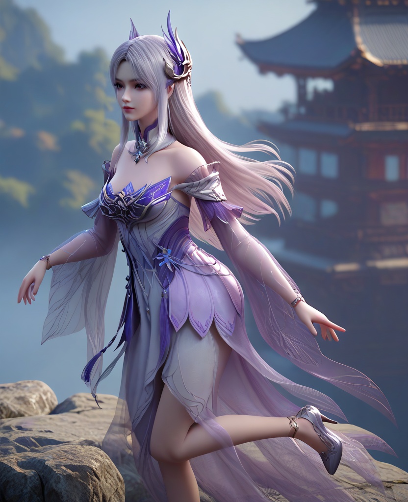 (oriental architecture, elegant decor, sophisticated style:1.1),(jumping over camera:1.1),looking at viewer,(breasts:1.2),<lora:XL16斗破苍穹斗尊小医仙:0.95>,miss xiaoyixian,purple bodice,white high-slit asymmetrical skirt,rufous eyes,sidelocks,white hair,hair ornament,long hair,jewelry,detached collar,see-through sleeves,bracelet,skirt see-through hem,anklet chain,high heels,, score_9,score_8_up,score_7_up,score_6_up,score_5_up,score_4_up,3d rendering,tag1,tag2, Cinematic Lighting,backlighting,, zPDXL3, zPDXL2,zPDXL, zPDXLxxx, zPDXLrl,