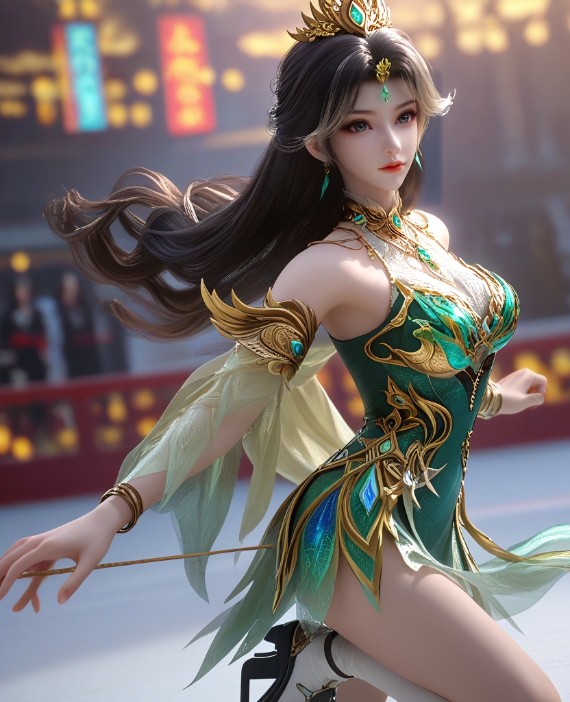 (ice skating, spinning, jumping over camera:1.1),looking at viewer,(large breasts:1.2),<lora:XL16云深不知梦燕倾霏典仪司:0.95>,miss yanqingfei,green tiered gown,forehead jewel,black hair,white streaked hair,long hair,half-up braid with long cascading hair,hair ornament,earrings,jewelry,armlet,bracelet,collar,wide flowing sleeves,, score_9,score_8_up,score_7_up,score_6_up,score_5_up,score_4_up,3d rendering,tag1,tag2, Cinematic Lighting,backlighting,