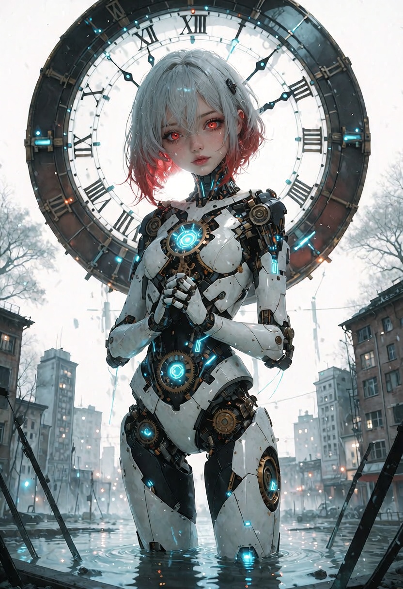 an ***** woman in her early twenties fair skin,  short silver hair with red tips,  red eyes on Tensor.Art