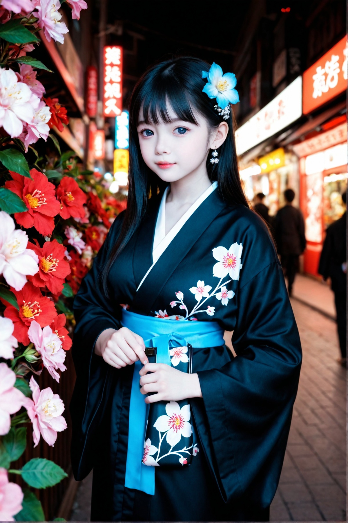 1girl,with a black kimono adorned with flowers.,Trendy K Style,neon lighting,highly detailed,ultra-high resolutions,32K UHD,best quality,masterpiece,<lora:DBloli_V2_1008A>,