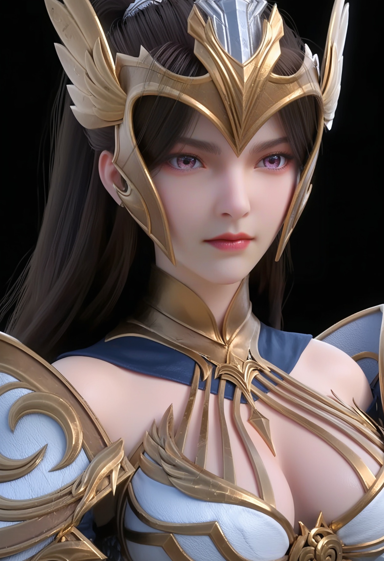 (upper_body:1.2),score_9,score_8_up,masterpiece,(best quality),intricate details,facing viewer,(looking at viewer:1.1),<lora:YQ_pony_nvzhanshen_V4:0.8>,q1528437228,1girl,solo,long hair,armor,black hair,shoulder armor,gauntlets,brown hair,ponytail,helmet,pauldrons,armored dress,hair ornament,breastplate,gloves,gorget,purple eyes,blue eyes,dress,vambraces,boots,brown eyes,armored boots,cape,BREAK(score_9:1.2),(score_8_up:1.2),masterpiece,best quality,very aesthetic,perfect anatomy,(hourglass),perfect face,(simple background,pure black background,black background:1.1),fair_skin,(shiny_skin:1.1),Ivory_skin,