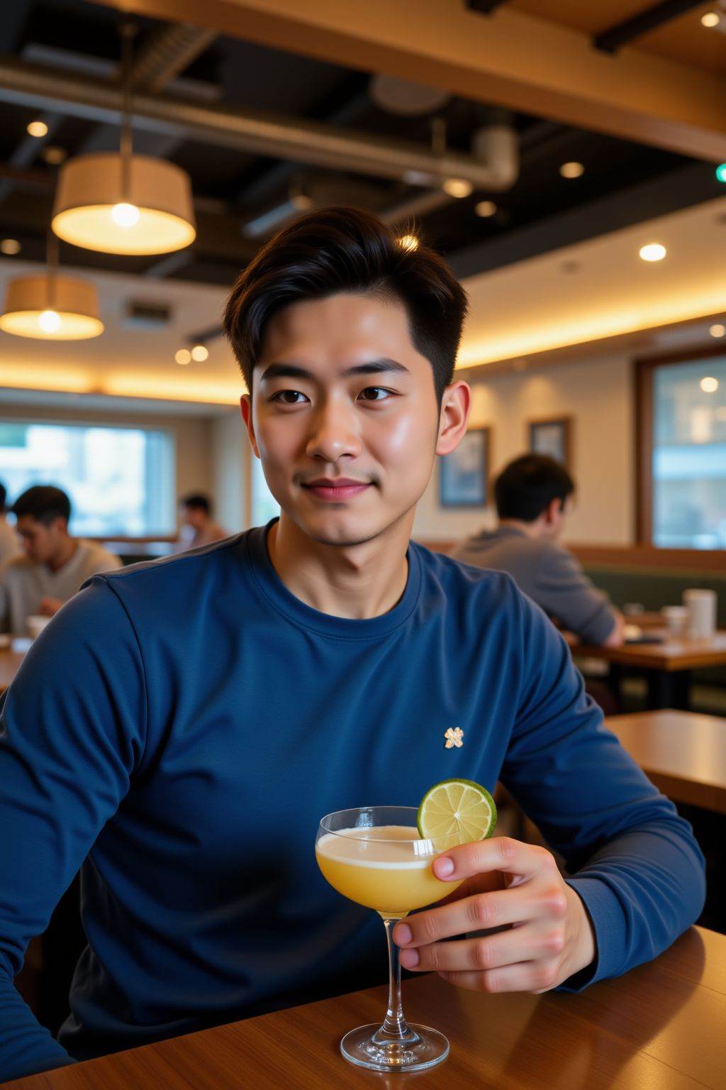 <lora:20250503_AgainCharactersF1Lora:1>, HDR photo of cinematic film still This photograph captures a young Asian man with black hair, fair skin, seated in a modern, warmly lit restaurant. He wears a blue long-sleeved top and holds a cocktail glass with a lime wedge. In the background, other patrons, including a man in a grey shirt, are seated at tables. The decor features contemporary lighting fixtures and a mix of wood and metal accents. The atmosphere is casual yet sophisticated, with a focus on contemporary design and comfort. . shallow depth of field, vignette, highly detailed, high budget, bokeh, cinemascope, moody, epic, gorgeous, film grain, grainy . High dynamic range, vivid, rich details, clear shadows and highlights, realistic, intense, enhanced contrast, highly detailed
