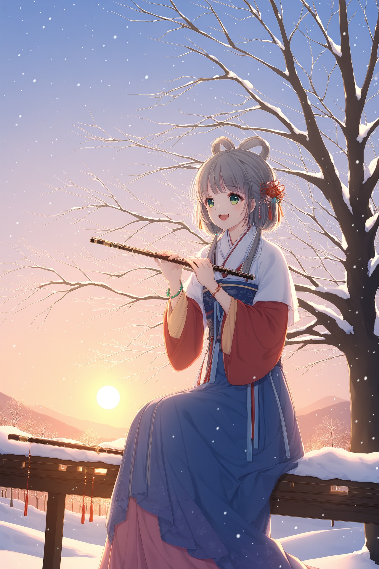 hanfu, 1girl, solo, sitting, instrument, tree, green eyes, open mouth, bare tree, sky, hair rings, snow, smile, grey hair, outdoors, hair ornament, jewelry, skirt, :d, long hair, flute, winter, sunrise, bracelet, japanese clothes,<lora:hansxl-gufeng:1>,