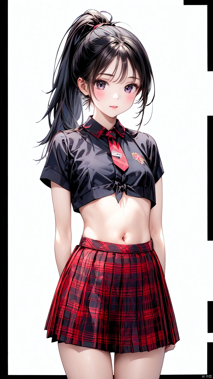 1girl, solo, long hair, looking at viewer, skirt, black hair, white background, navel, midriff, crop top, plaid, plaid skirt,Beautiful Legs,Thigh,necktie,Tight Top,Double horsetail,Hands behind your back,Hands behind your back.Ponytail.<lora:EMS-254762-EMS:0.500000>, <lora:EMS-93-EMS:0.800000>, <lora:EMS-427815-EMS:0.800000>