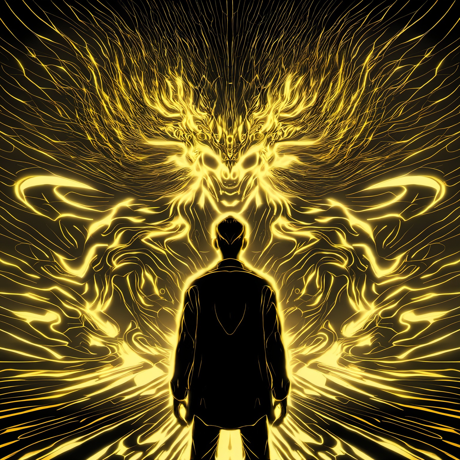 a man standing in front of a projection of immortal,halo,<lora:eastern_mythology_xl:0.7>,golden line,