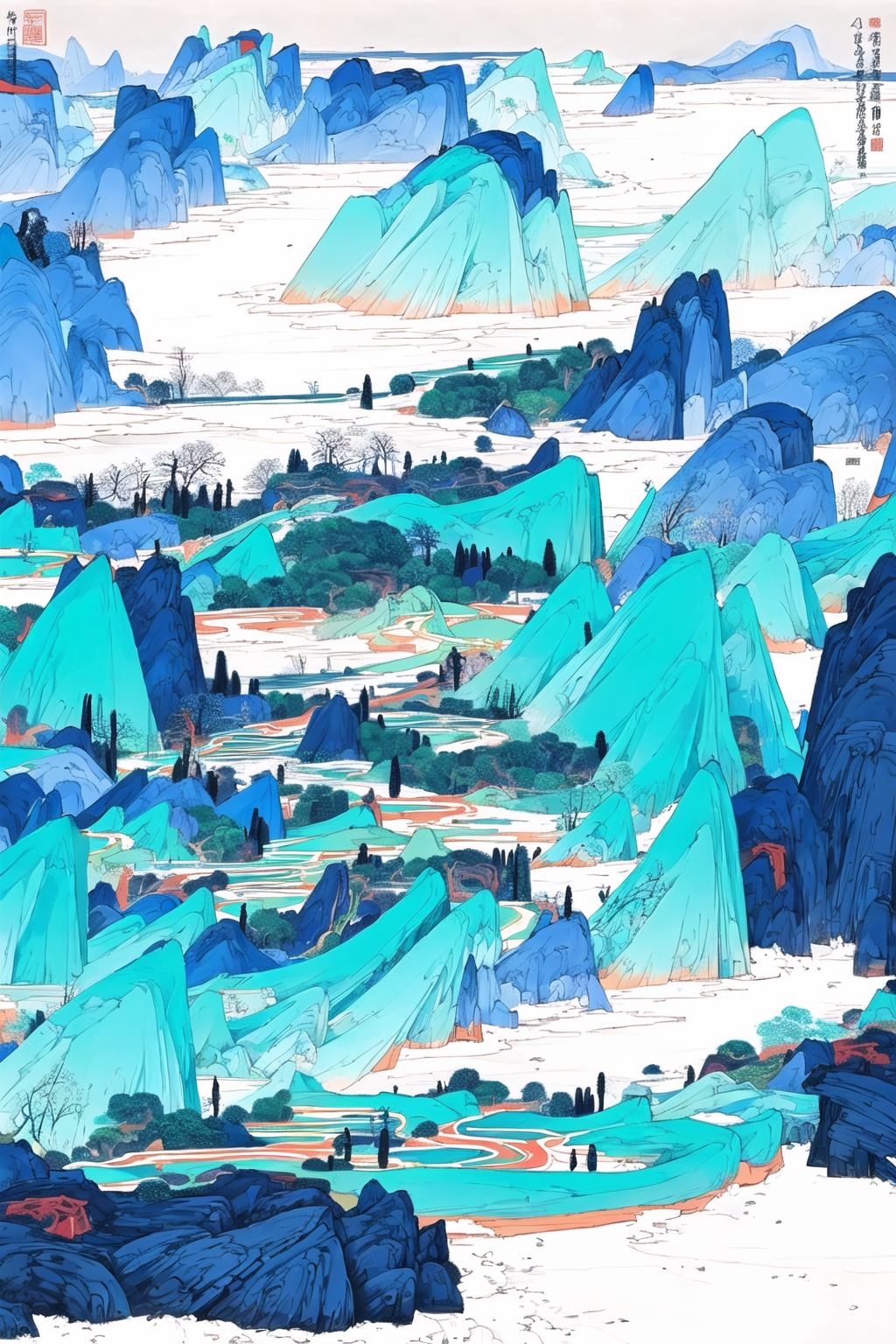 guohuashanshui,Masterpiece,Best Quality,even,Ditu, scenery,no humans, architecture, east asian architecture, building, Line art,flat color,The ultra wide-angle lens,magnificent and breathtaking scene,epicmasterpiece,8K,The ancient Chinese-style architecture,surrounded by blooming flowers,lush green leaves,bamboo forests,flowing mountains,waterfall,small bridge,winding paths,Thesunlight shines brilliantly,(nohumans),minimalism,(Zen aesthetics:1.2),(Zen composition:1.3),Chinese landscape painting,