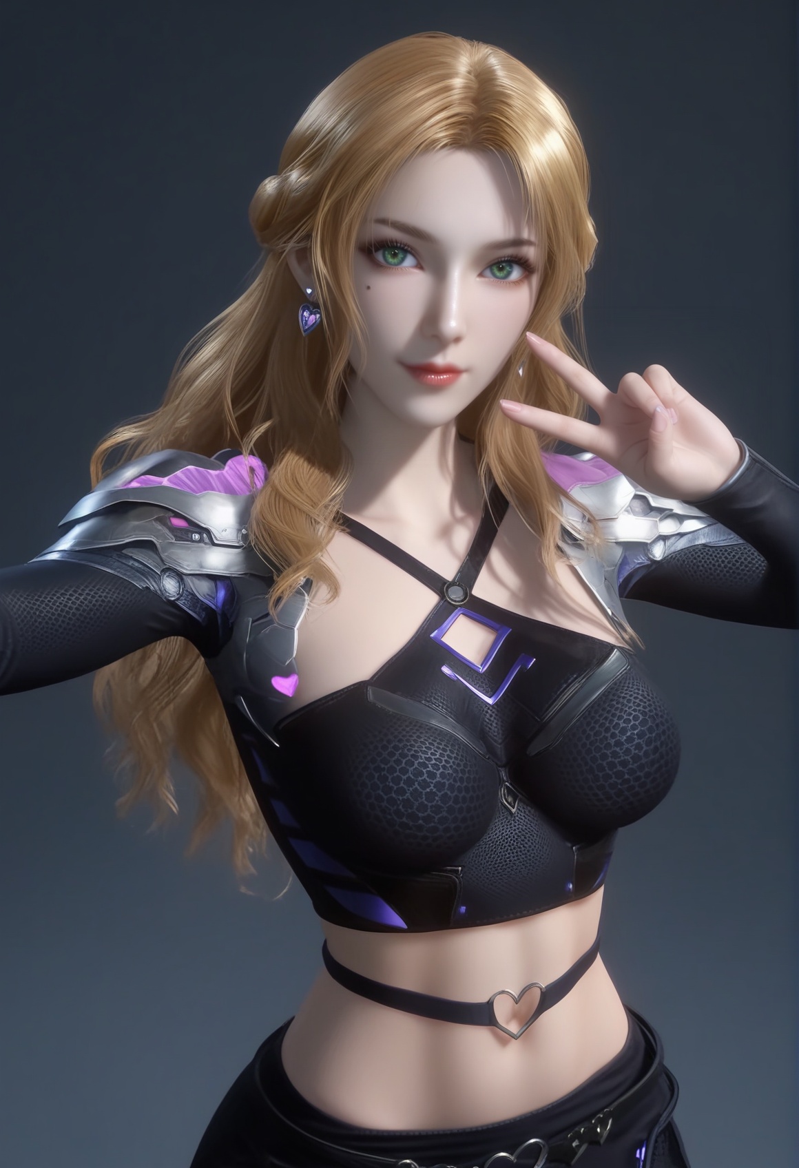 (score_9),upper body,<lora:珍妮特-apony-000009:0.83>,znt,1girl,solo,long hair,blonde hair,earrings,green eyes,braid,mole under eye,crop top,belt buckle,shoulder armor,midriff,black skirt,navel,groin,groin tendon,<lora:perfect eyes_v1:0.8>,light blush,Expressiveh,<lora:Expressive_H-000001:0.8>,collarbone,(glamor:1.2),curvy,BREAKlooking at viewer,selfie,v sign,closed mouth,<lora:e肤色滑块:0.5>,fair_skin,(pale_skin),(white skin),<lora:e色温:0.35>,light skin,BREAKsimple background,grey background,ultra-detailed skin texture,detailed textures,4K ultra HD,sharp focus,high detail,natural lighting,high contrast,hearts,<lora:SDS-XL泛光调节器_v1.0:1>,Volumetric Lighting,Tyndall effect,