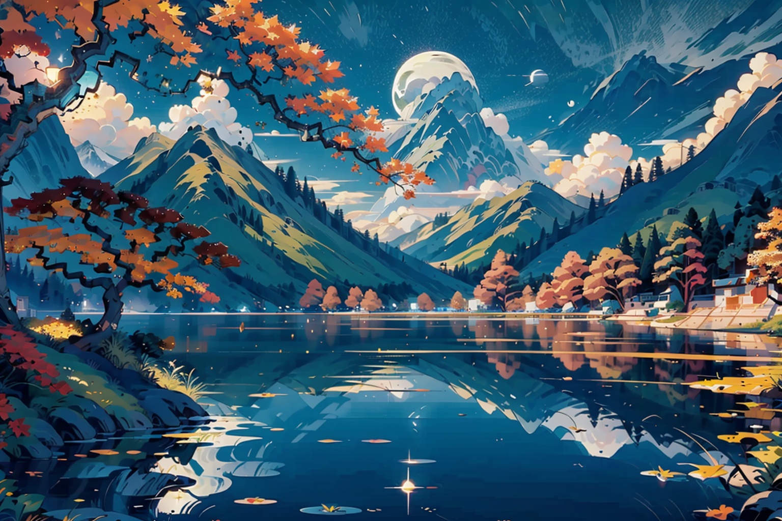 ((masterpiece)), best quality, perfect anatomy,8K wallpaper,mChinaChic, no humans, mountain, scenery, cloud, moon, outdoors, lake, sky, water, reflection, autumn tree, leaf, branch,night sky,<lora:mChinaChic_v1:0.8>