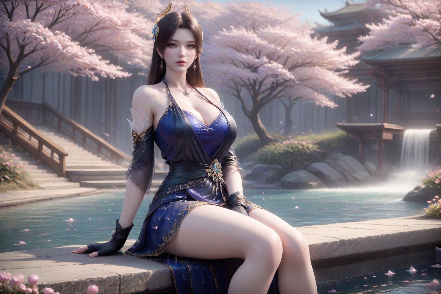 <lora:caoying_v1-000032:0.6>,caoying,1girl,dress,sitting,long hair,hair ornament,solo,lips,lipstick,bare legs,water,earrings,jewelry,falling petals,breasts,blue dress,petals,gloves,flower,fingerless gloves,bare shoulders,brown hair,branch,looking at viewer,outdoors,thighs,cleavage,cherry blossoms,large breasts,black hair,soaking feet,