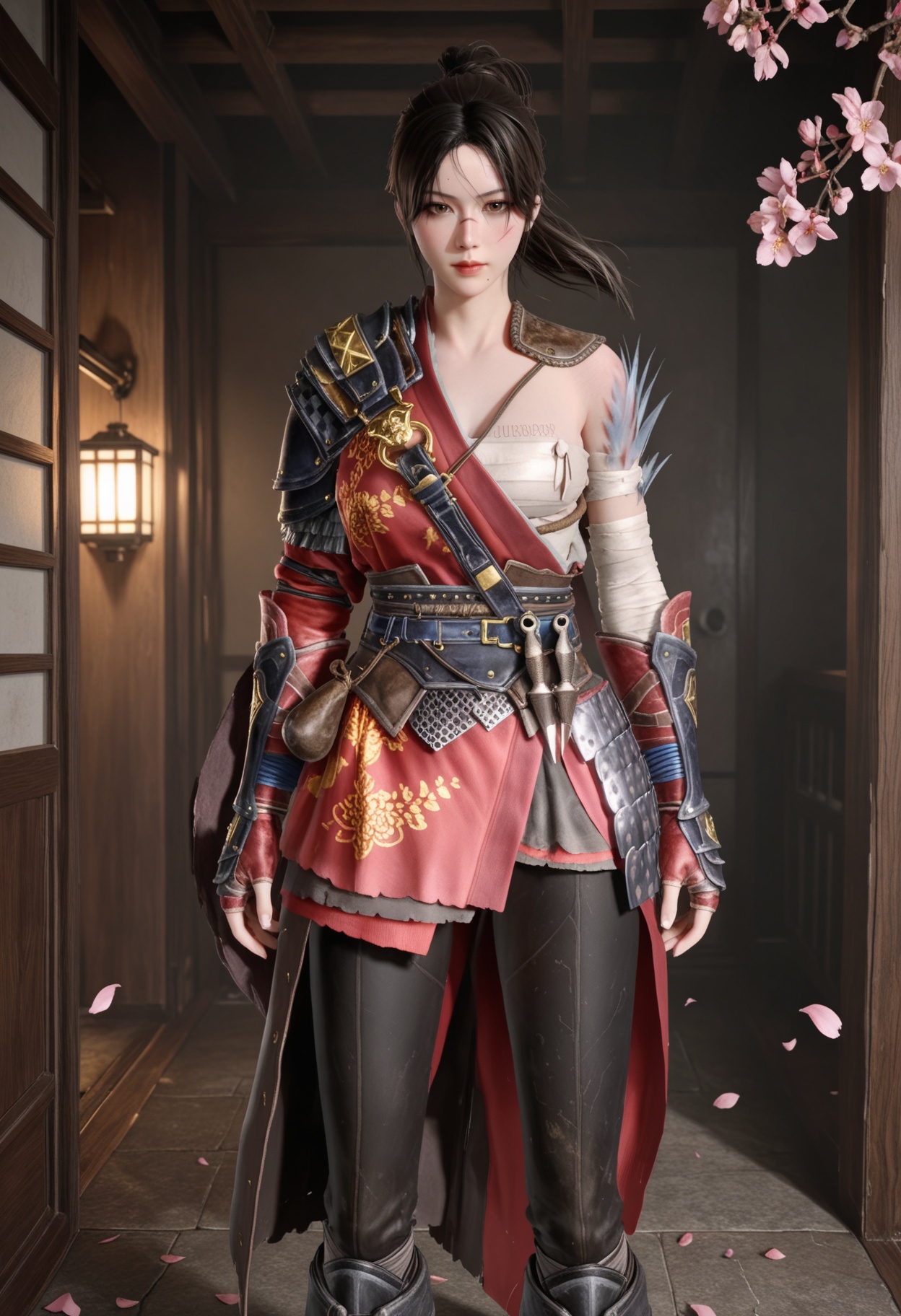 (cowboy shot:1.2),(looking at viewer:1.1),masterpiece,(best quality),smog,Dark room,dim lighting,peach blossom,falling petals,<lora:YQ_Illustrious光辉v5_白梓芸_V1:0.8>,q1528437228,1girl,solo,armor,black hair,ponytail,shoulder armor,brown eyes,sarashi,chinese clothes,brown hair,long hair,gloves,boots,scar,pants,hair bun,fingerless gloves,pauldrons,single hair bun,bandages,scar on face,sheath,cape,belt,short hair,mole under mouth,black pants,sash,single pauldron,gauntlets,knee boots,