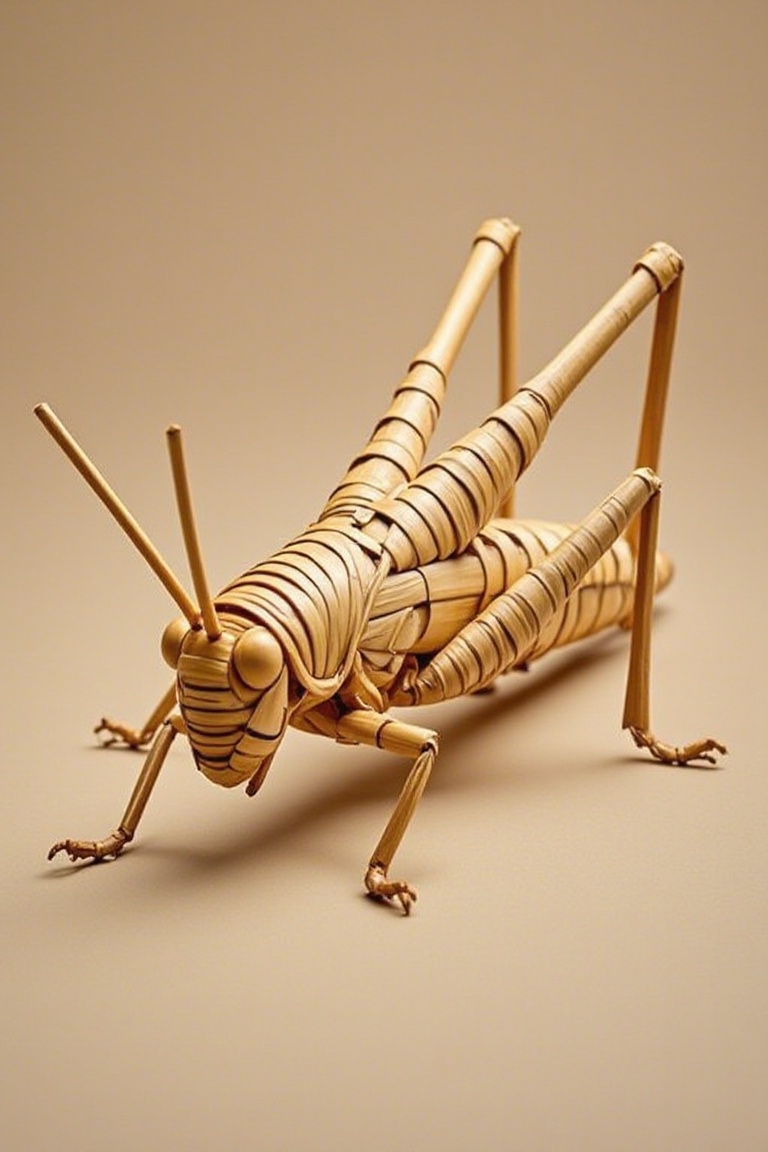 Handwoven,simple background,no humans,fine and dense weaving of bamboo strips,creative design,bamboo silk bamboo weaving primary color,1 a densely woven grasshopper of bamboo strips,grasshopper,<lora:models/4414/f2697c8c.safetensors:0.8:0.8>