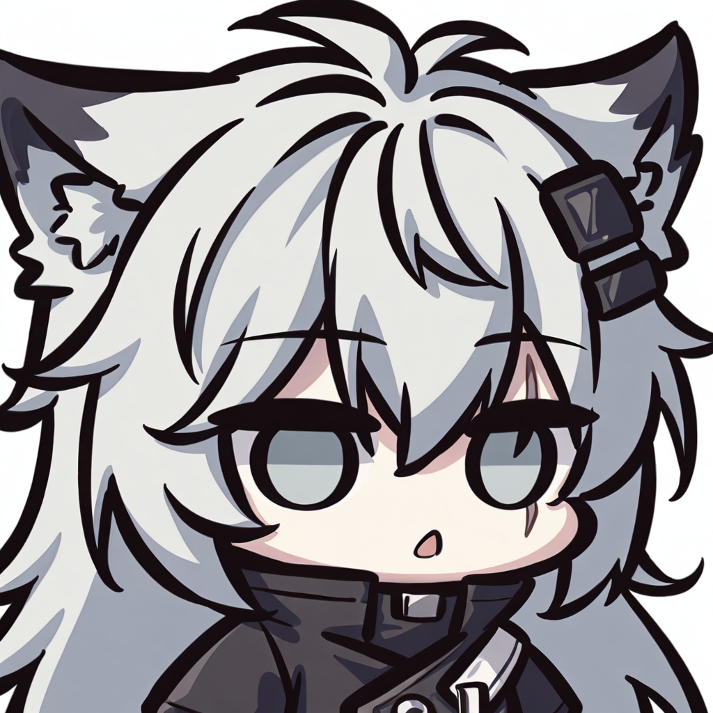 chibi,1girl,solo,upper body,lappland \(arknights\),arknights,animal ears,long hair,wolf ears,hair ornament,scar across eye,hairclip,bangs,scar on face,grey eyes,white hair,hair between eyes,grey hair,,very long hair,chestnut mouth, triangle mouth, ,white background,simple background,<lora:Kei_Style_noob-4:1>,