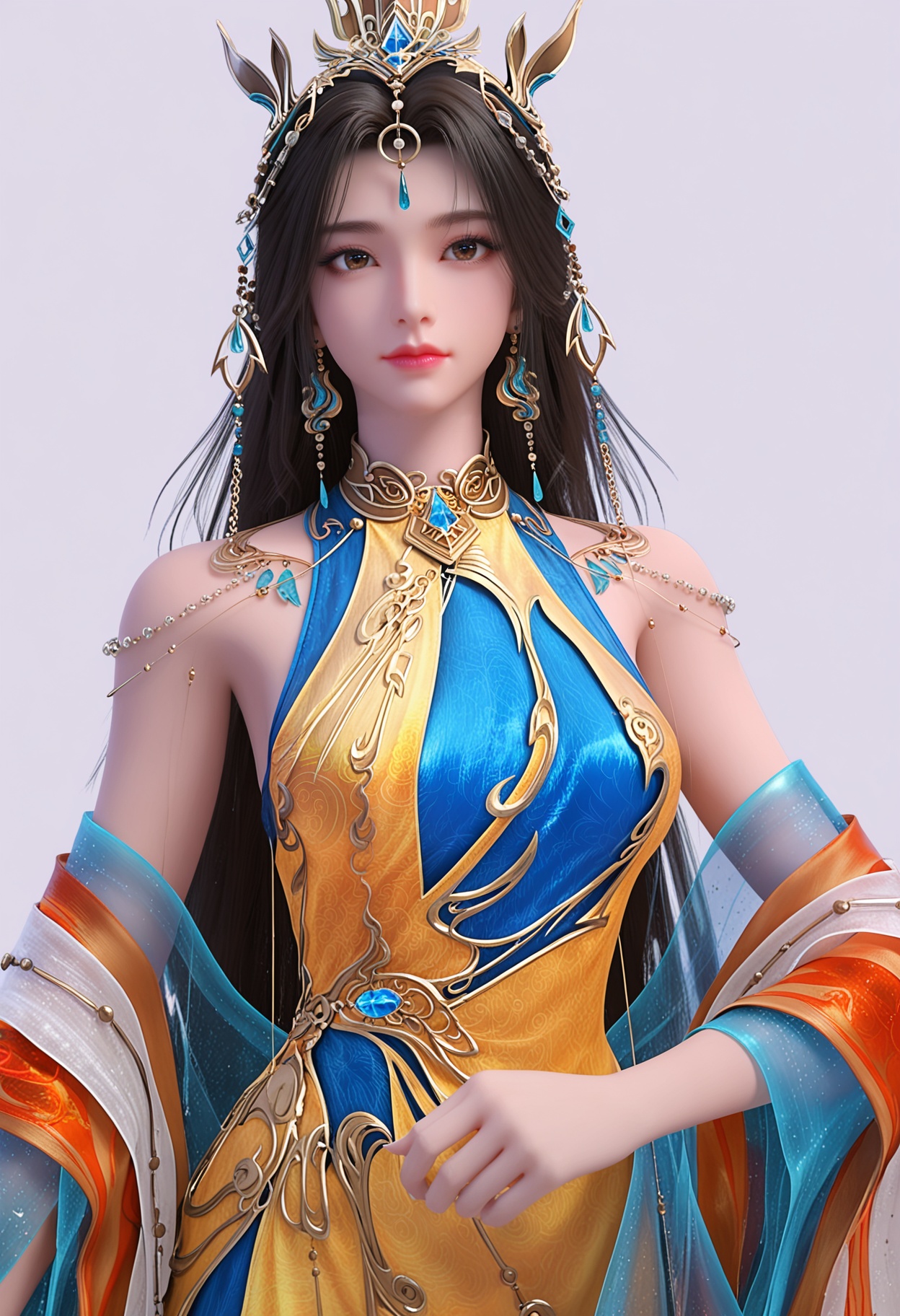 score_9,high detail,best quality,cinematic lighting,volumetric lighting,shiny skin,shiny,huangnv,1girl,solo,brown eyes,long hair,black hair,hair ornament,white background,jewelry,dress,simple background,earrings,bare shoulders,closed mouth,forehead jewel,blue dress,chinese clothes,realistic,expressionless,shawl,looking at viewer,thighs,<lora:Pony_DetailV2.0:0.8>,<lora:皮肤凹痕:0.1>,<lora:QQSponyhuangnvV1:0.8>,