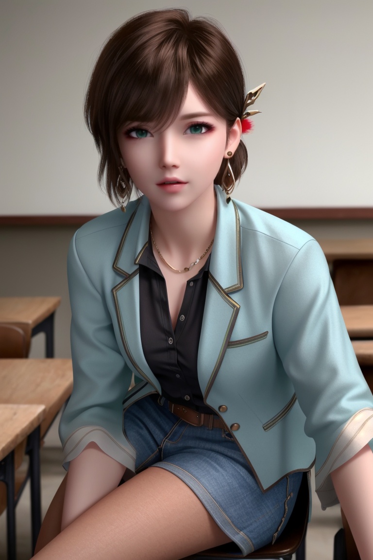 ((HRD, HUD, 8K)),((masterpiece, best quality)), highly detailed, soft light,1girl, solo, hair ornament, brown hair, short hair, bangs, green eyes, lips,earrings,  (t-shirt:1.2), (blazer:1.2), denim shorts, black pantyhose, blurry background, classroom, chalkboard, sitting, cowboy shot, looking at viewer, <lora:20240403-1712109093604:0.7>