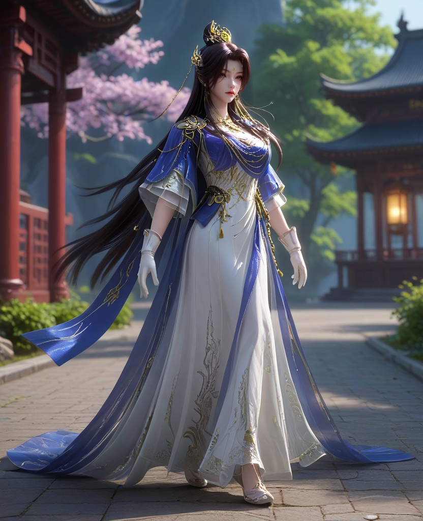 (Walking along a path, holding a map, showing a sense of adventure and exploration,:1.1),(large breasts:1.2),<lora:XL16云深不知梦羲和城主服:0.95>,miss xihe,white dress,blue shawl,mole under left eye,forehead mark,black hair,absurdly long hair,traditional chinese updo with long front strands,hair ornament,jewelry,white gloves,blue sheer petticoat,, score_9,score_8_up,score_7_up,score_6_up,score_5_up,score_4_up,3d rendering,tag1,tag2, Cinematic Lighting,backlighting,