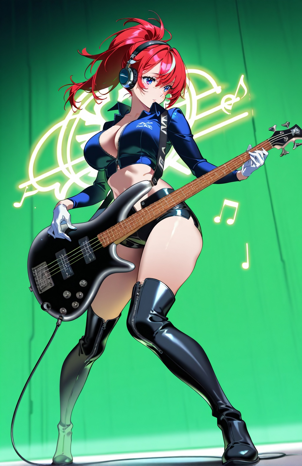 (1woman playing bass guitar),solo,front angle,dynamic pose,big breasts,beautiful eyes,streaked hair,long ponytail,glossy black leather long Sleeve,Open collar,bare hip unzipped cutouts on sides crop top,very short,leather shorts,white gloves,lovestruck,headphone,thighboots,musical notes,cyberpunk background,on stage,full body,textures,detailed texture,very detailed face,masterpiece,best quality,good quality,very aesthetic,absurdres,newest,artist:yoneyama mai,<lora:SR300E X20A5:1>,