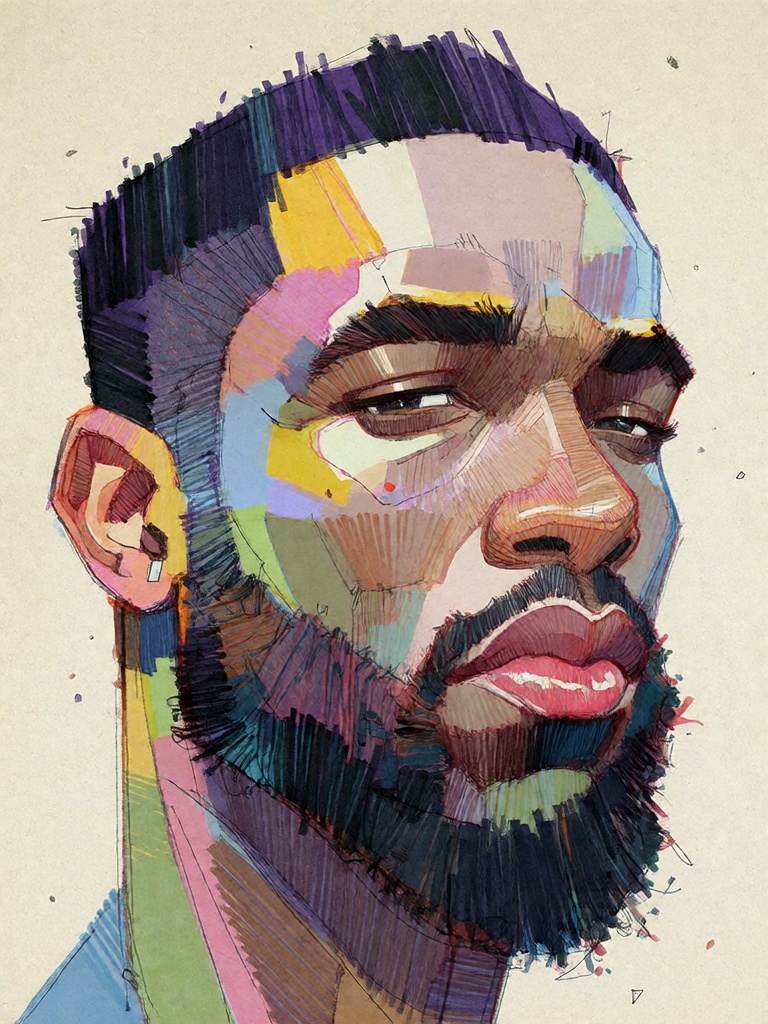 Bradhamel art style.****A vibrant,  stylized portrait of a Black man in profile,  rendered as a colorful geometric collage...