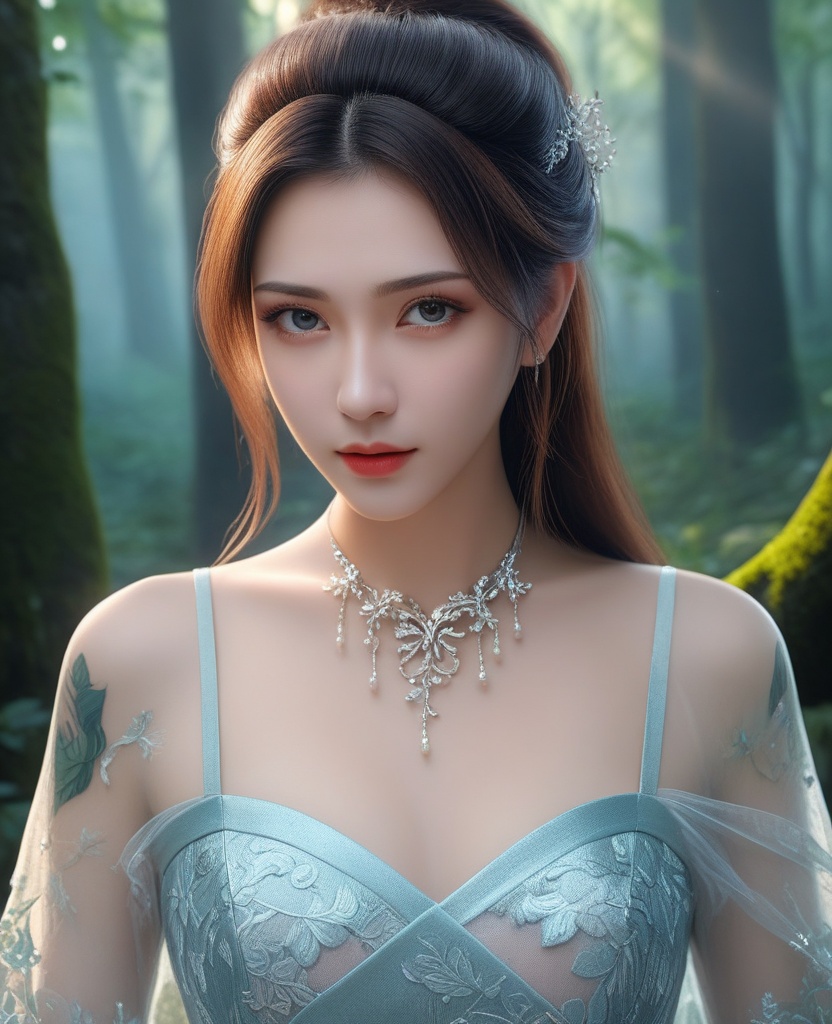 <lora:577-DA-XL-斗破苍穹-云韵-黑服:0.8>(,1girl, ,best quality, ),looking at viewer,  ,ultra detailed background,ultra detailed background,ultra realistic 8k cg,(masterpiece:1.2),(best quality:1.2),(ultra detailed:1.2),(official art:1.3),(beauty and aesthetics:0.8),detailed,(intricate:0.8),(highly detailed),(solo),delicate countenance,1girl,fancy,(glassy texture:1.2),(crush:1.2),8k,accessory,tattoo,(transparent:1.1),gown,energy encirclement,instant,in the twinkling of an eye,upper body,woman in a mythical forest, masterpiece, perfect face, intricate details, horror theme, raw photo, photo unp(cleavage),,