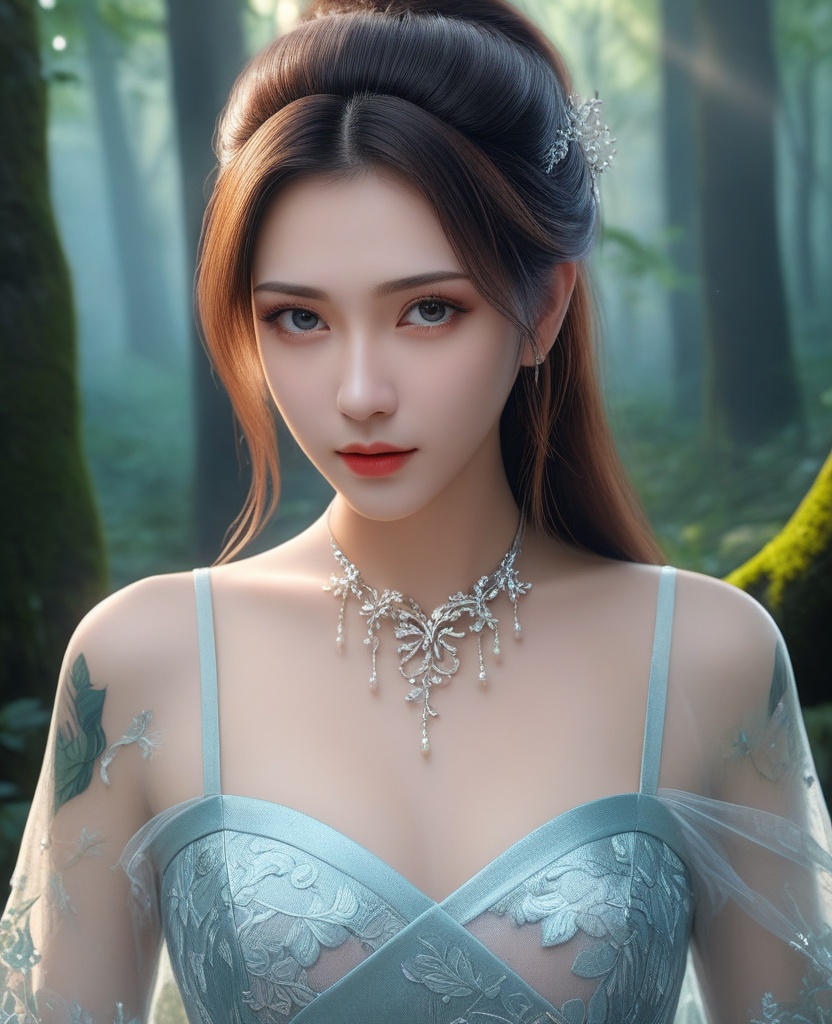 <lora:577-DA-XL-斗破苍穹-云韵-黑服:0.8>(,1girl, ,best quality, ),looking at viewer,  ,ultra detailed background,ultra detailed background,ultra realistic 8k cg,(masterpiece:1.2),(best quality:1.2),(ultra detailed:1.2),(official art:1.3),(beauty and aesthetics:0.8),detailed,(intricate:0.8),(highly detailed),(solo),delicate countenance,1girl,fancy,(glassy texture:1.2),(crush:1.2),8k,accessory,tattoo,(transparent:1.1),gown,energy encirclement,instant,in the twinkling of an eye,upper body,woman in a mythical forest, masterpiece, perfect face, intricate details, horror theme, raw photo, photo unp(cleavage),,
